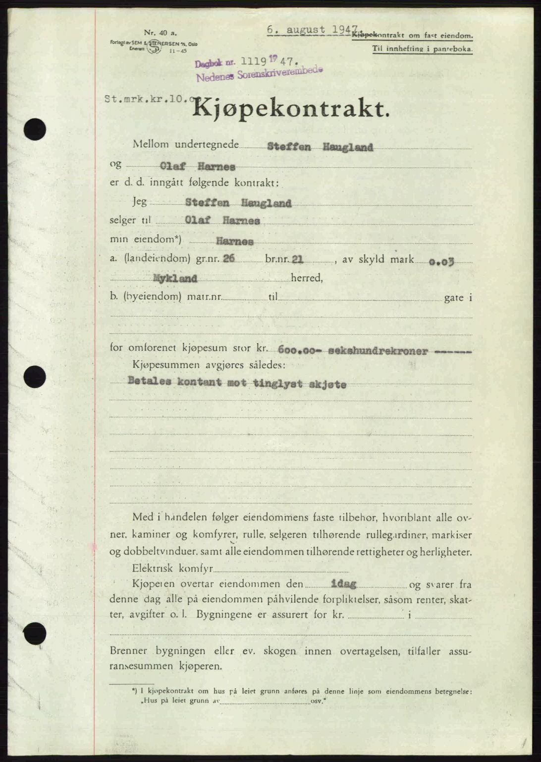 Nedenes sorenskriveri, SAK/1221-0006/G/Gb/Gba/L0057: Mortgage book no. A9, 1947-1947, Diary no: : 1119/1947