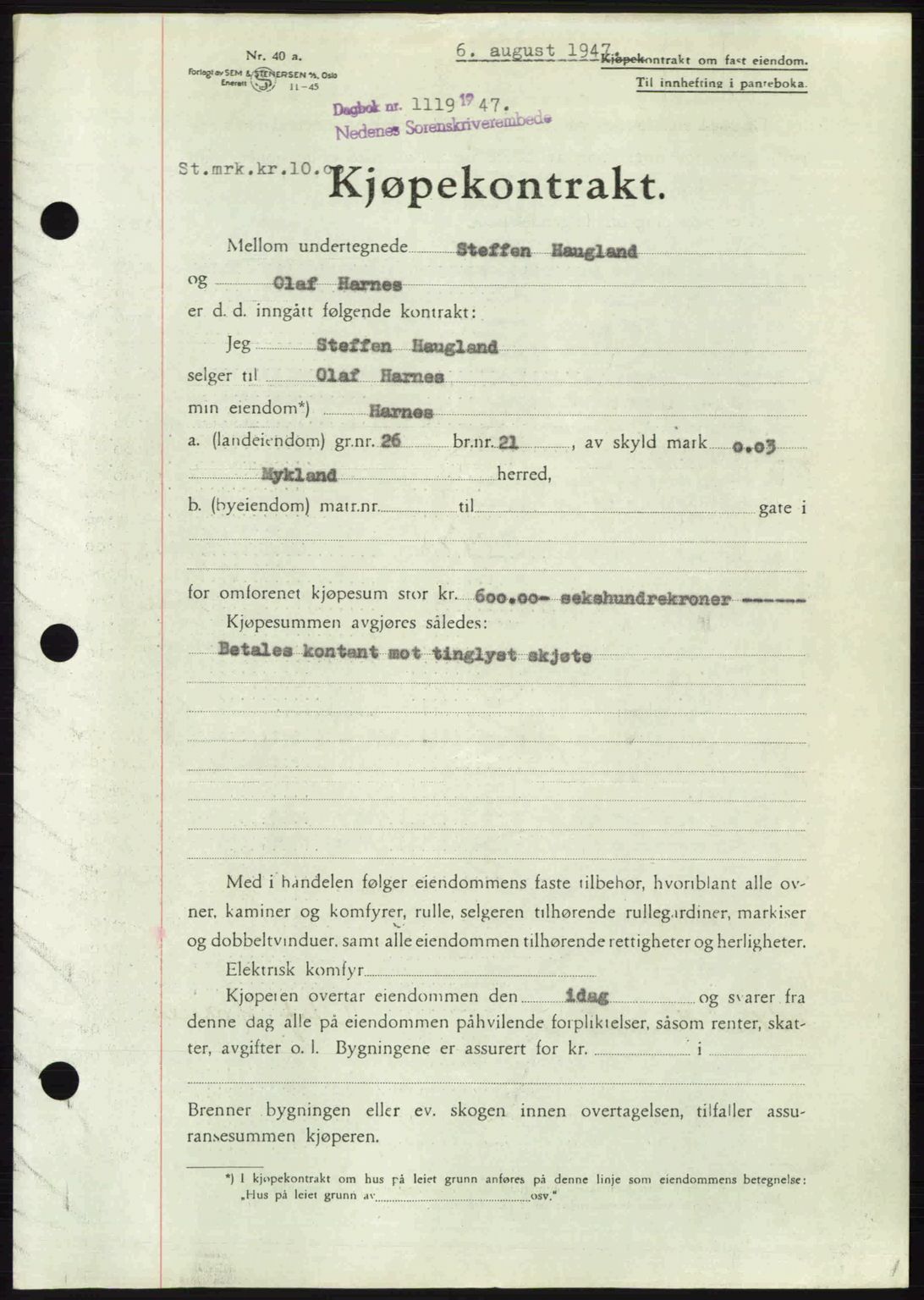 Nedenes sorenskriveri, AV/SAK-1221-0006/G/Gb/Gba/L0057: Mortgage book no. A9, 1947-1947, Diary no: : 1119/1947