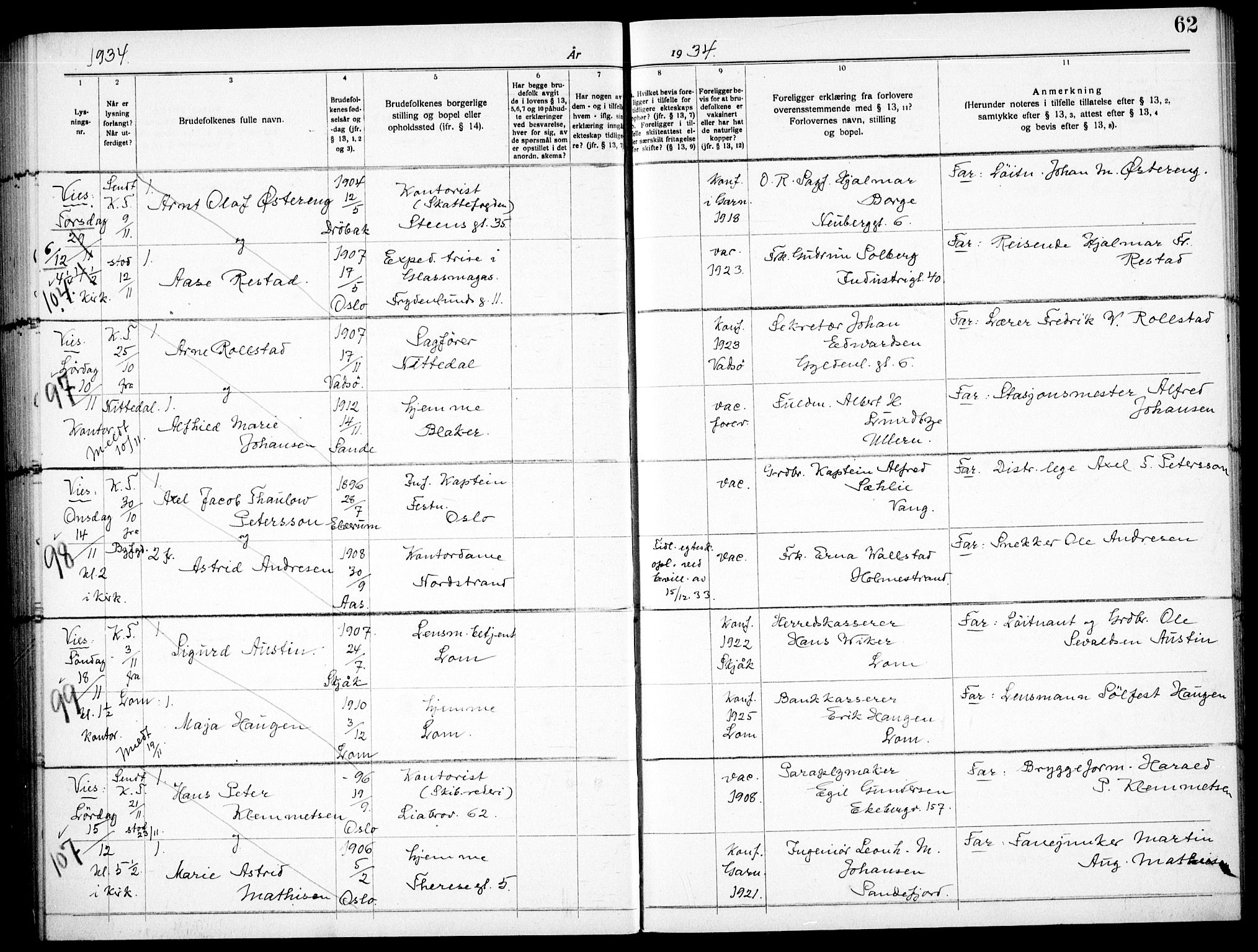 Garnisonsmenigheten Kirkebøker, AV/SAO-A-10846/H/Ha/L0011: Banns register no. I 11, 1932-1936, p. 62