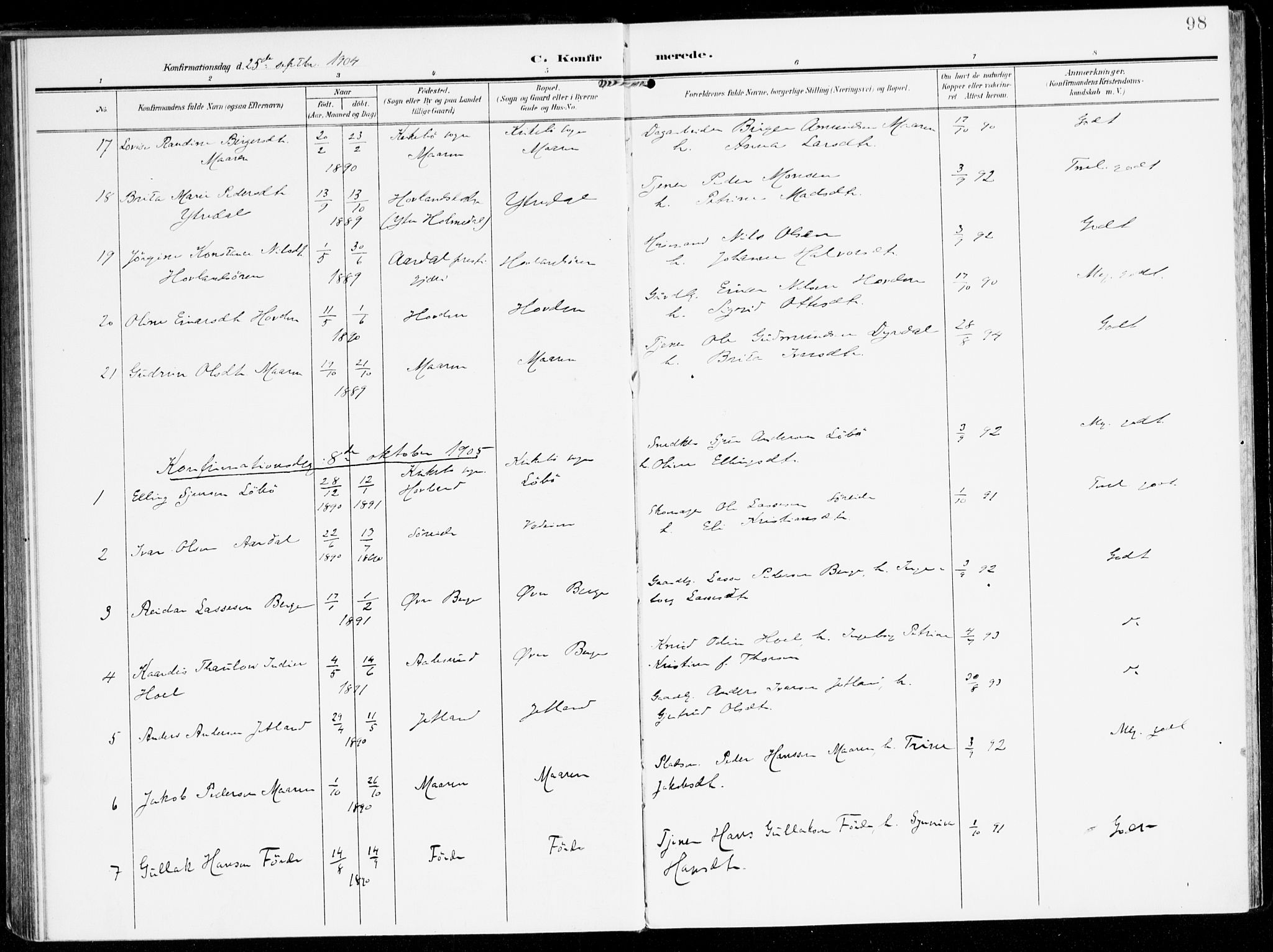 Lavik sokneprestembete, AV/SAB-A-80901: Parish register (official) no. C 2, 1904-1921, p. 98