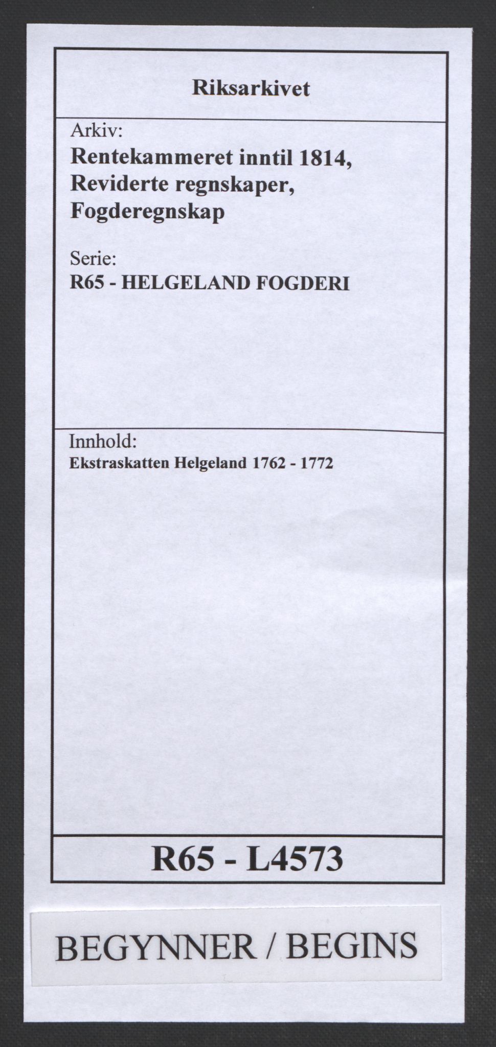 Rentekammeret inntil 1814, Reviderte regnskaper, Fogderegnskap, AV/RA-EA-4092/R65/L4573: Ekstraskatten Helgeland, 1762-1772, p. 1