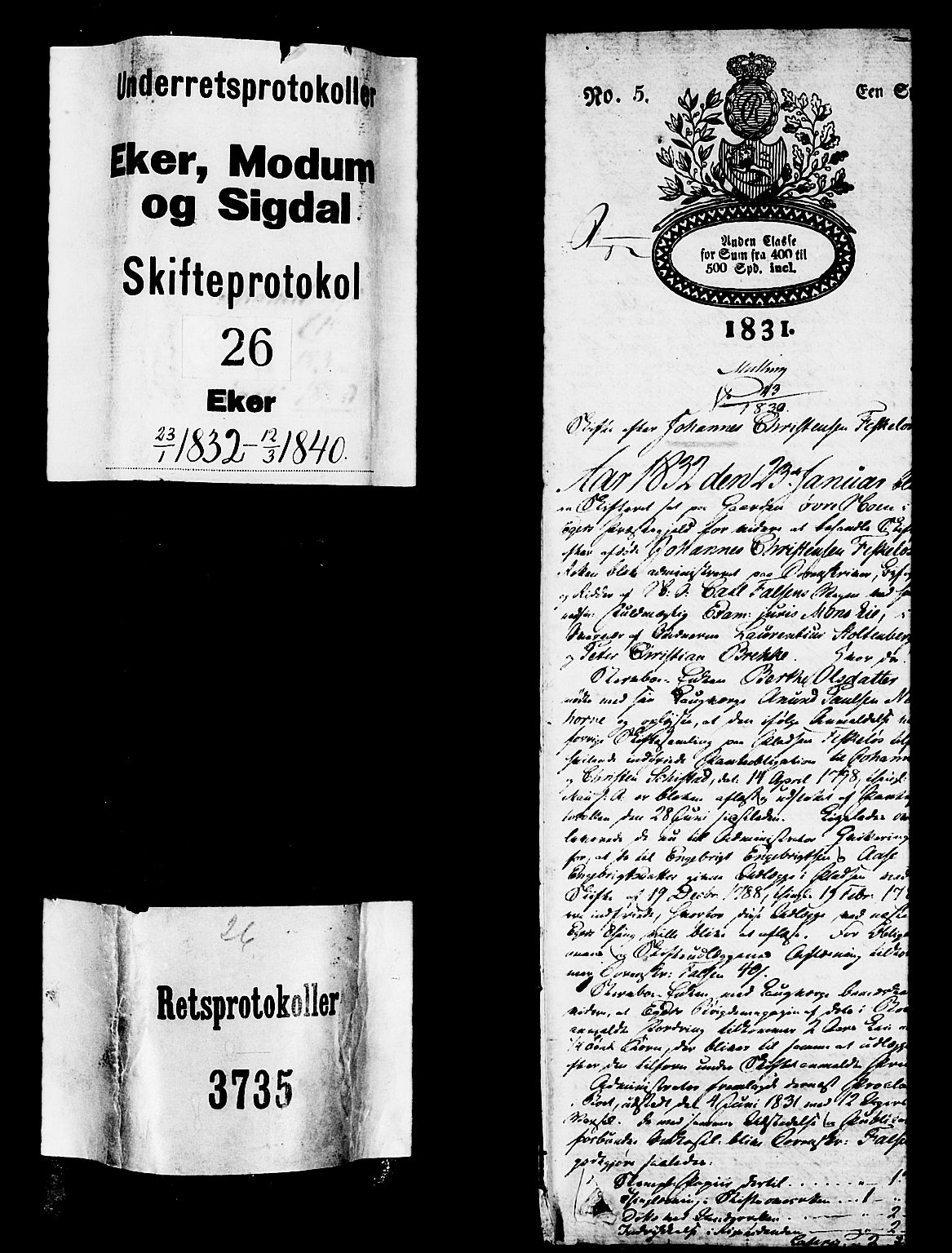 Eiker, Modum og Sigdal sorenskriveri, AV/SAKO-A-123/H/Hb/Hbb/Hbbb/L0001: Registrerings- og forhandlingsprotokoll 1, 1832-1840, p. 1