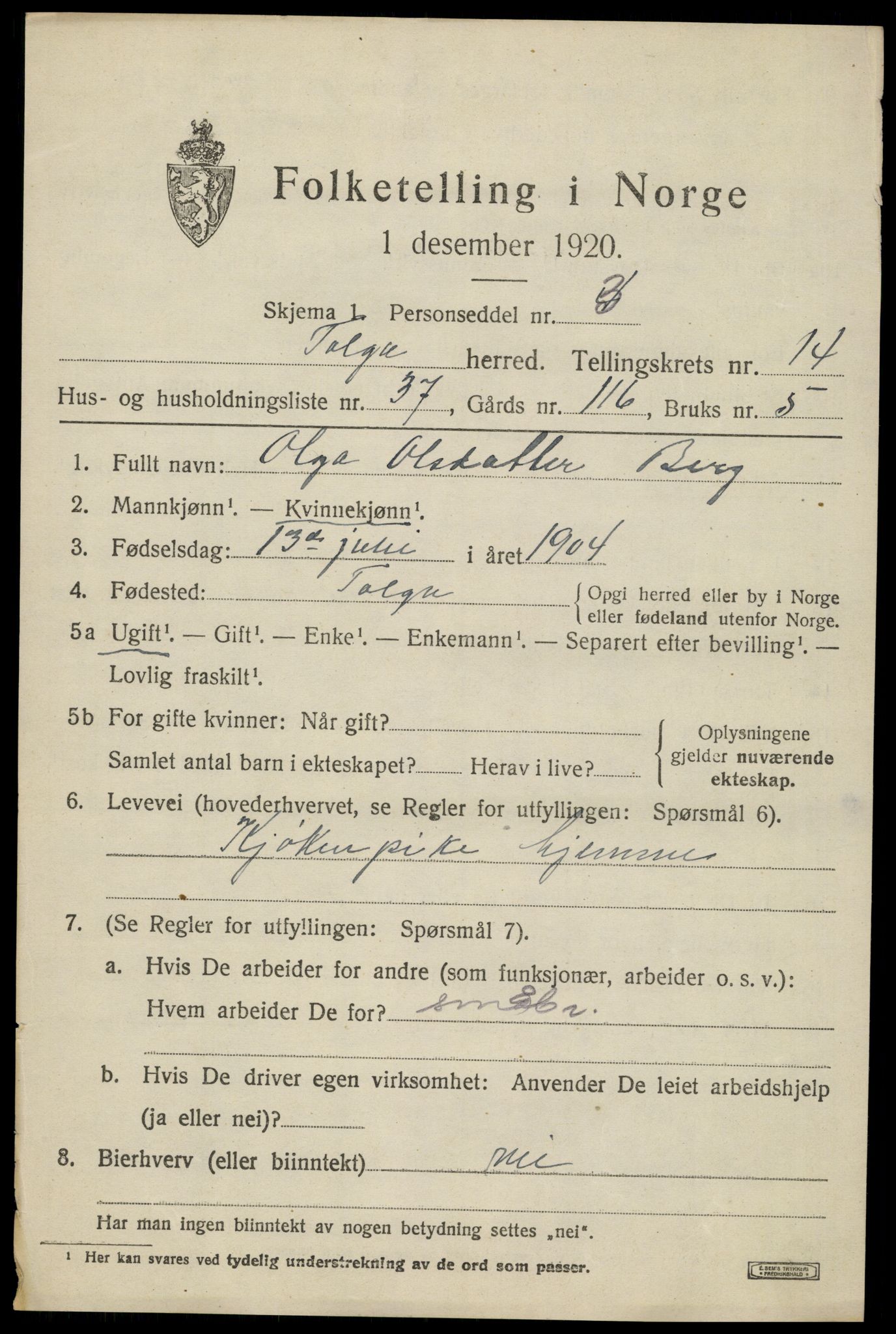 SAH, 1920 census for Tolga, 1920, p. 6679