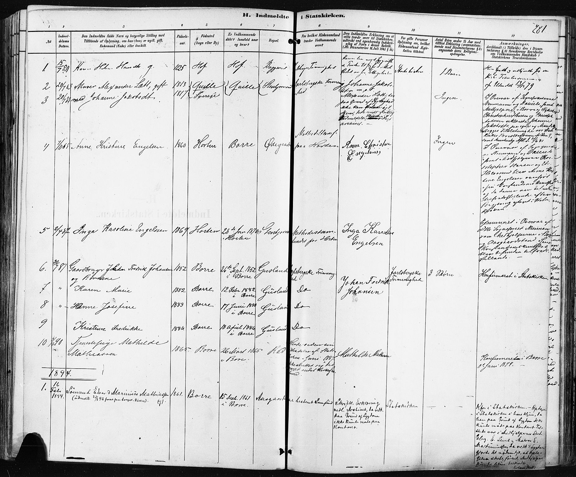 Borre kirkebøker, SAKO/A-338/F/Fa/L0009: Parish register (official) no. I 9, 1878-1896, p. 281
