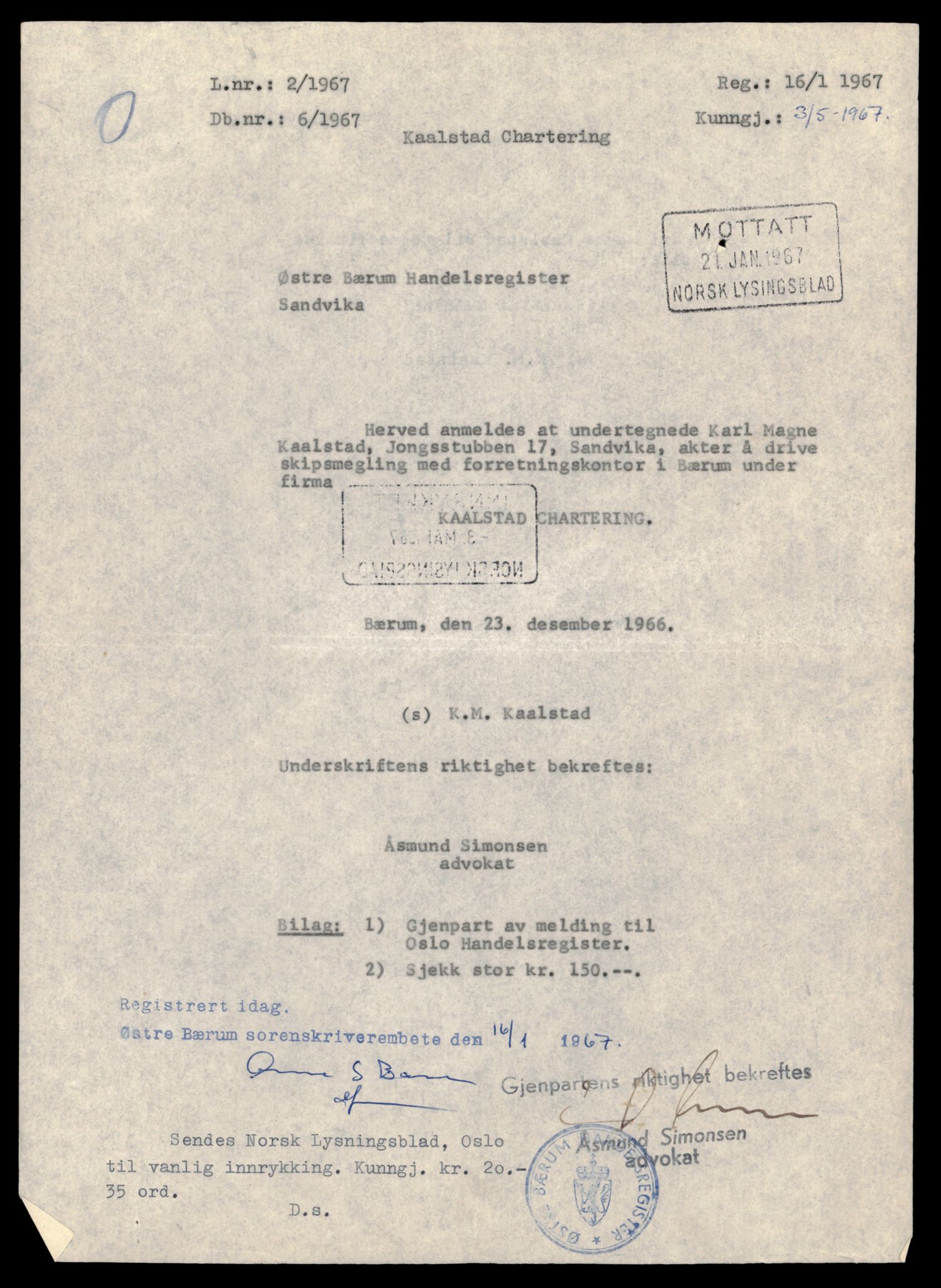 Asker og Bærum tingrett, AV/SAT-A-10379/K/Kb/Kba/L0005: Enkeltmannsforetak slettet 1967 - 1973, 1944-1973, p. 3