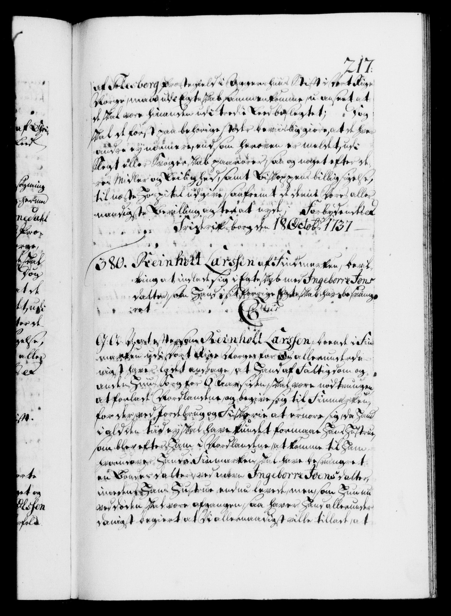 Danske Kanselli 1572-1799, AV/RA-EA-3023/F/Fc/Fca/Fcaa/L0030: Norske registre, 1737-1738, p. 217a