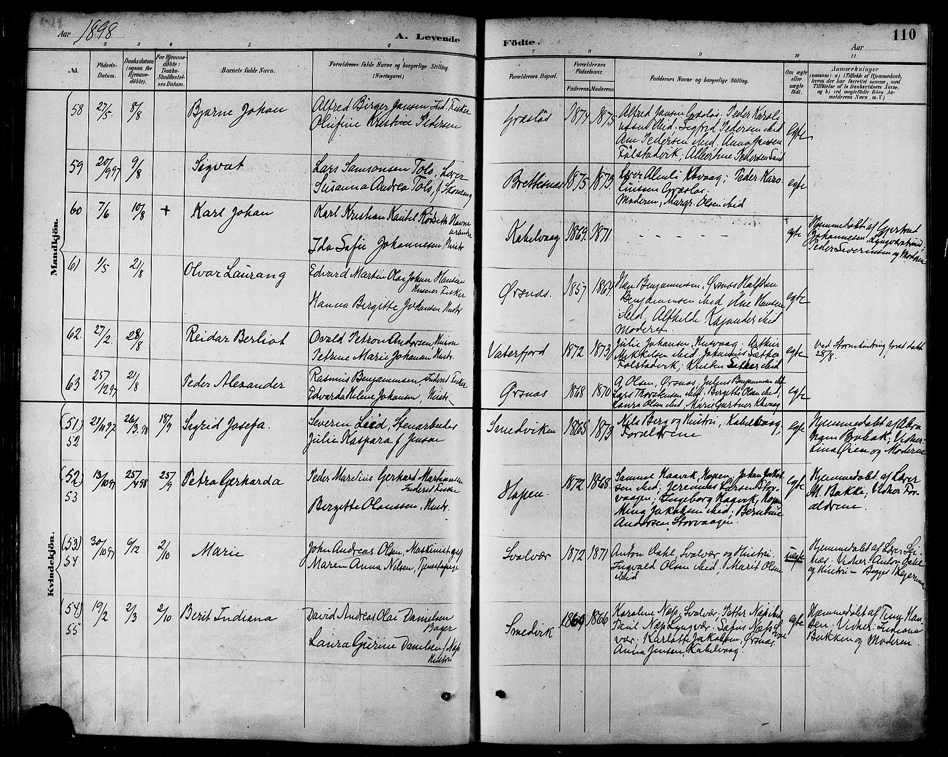 Ministerialprotokoller, klokkerbøker og fødselsregistre - Nordland, AV/SAT-A-1459/874/L1060: Parish register (official) no. 874A04, 1890-1899, p. 110