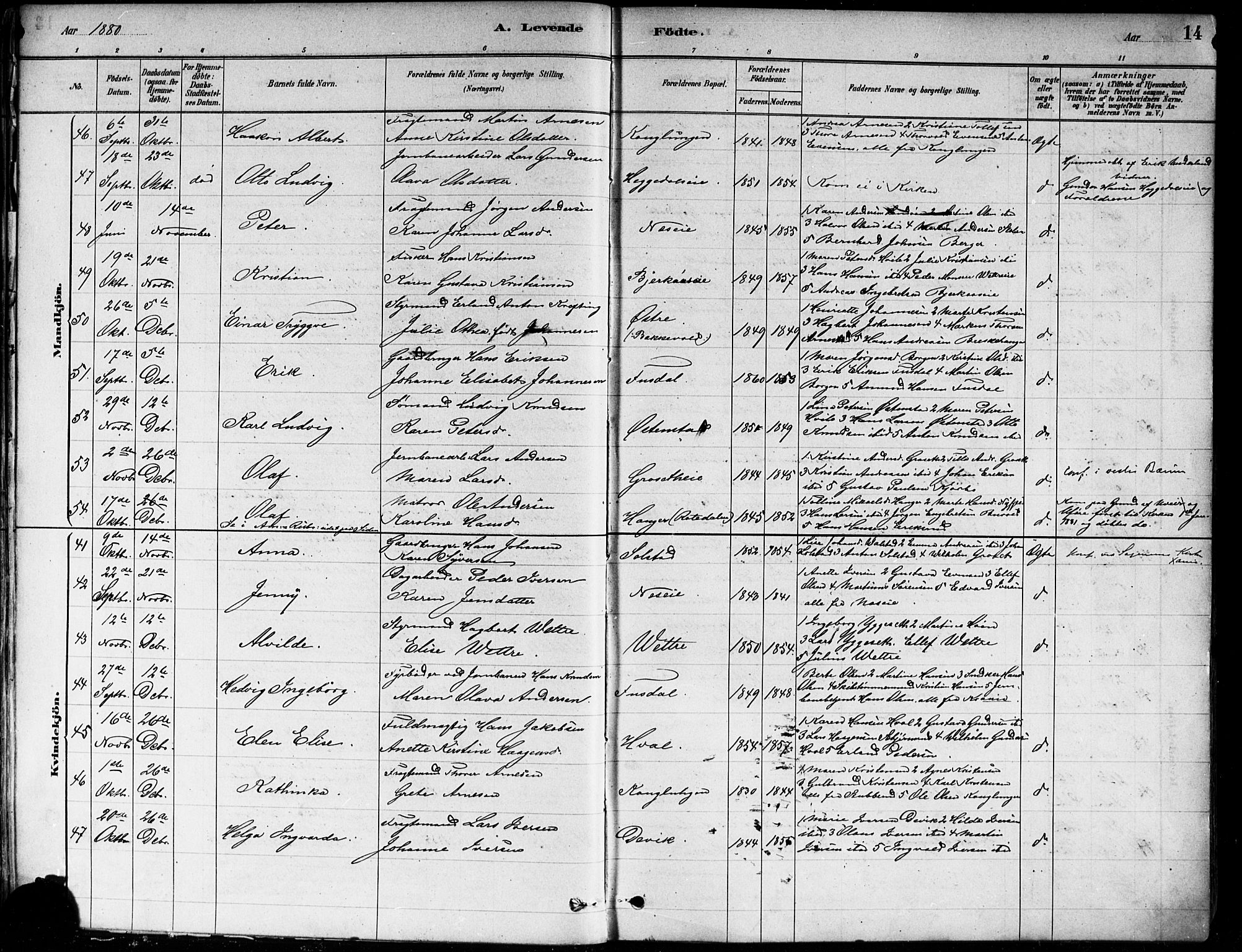 Asker prestekontor Kirkebøker, AV/SAO-A-10256a/F/Fa/L0013: Parish register (official) no. I 13, 1879-1896, p. 14