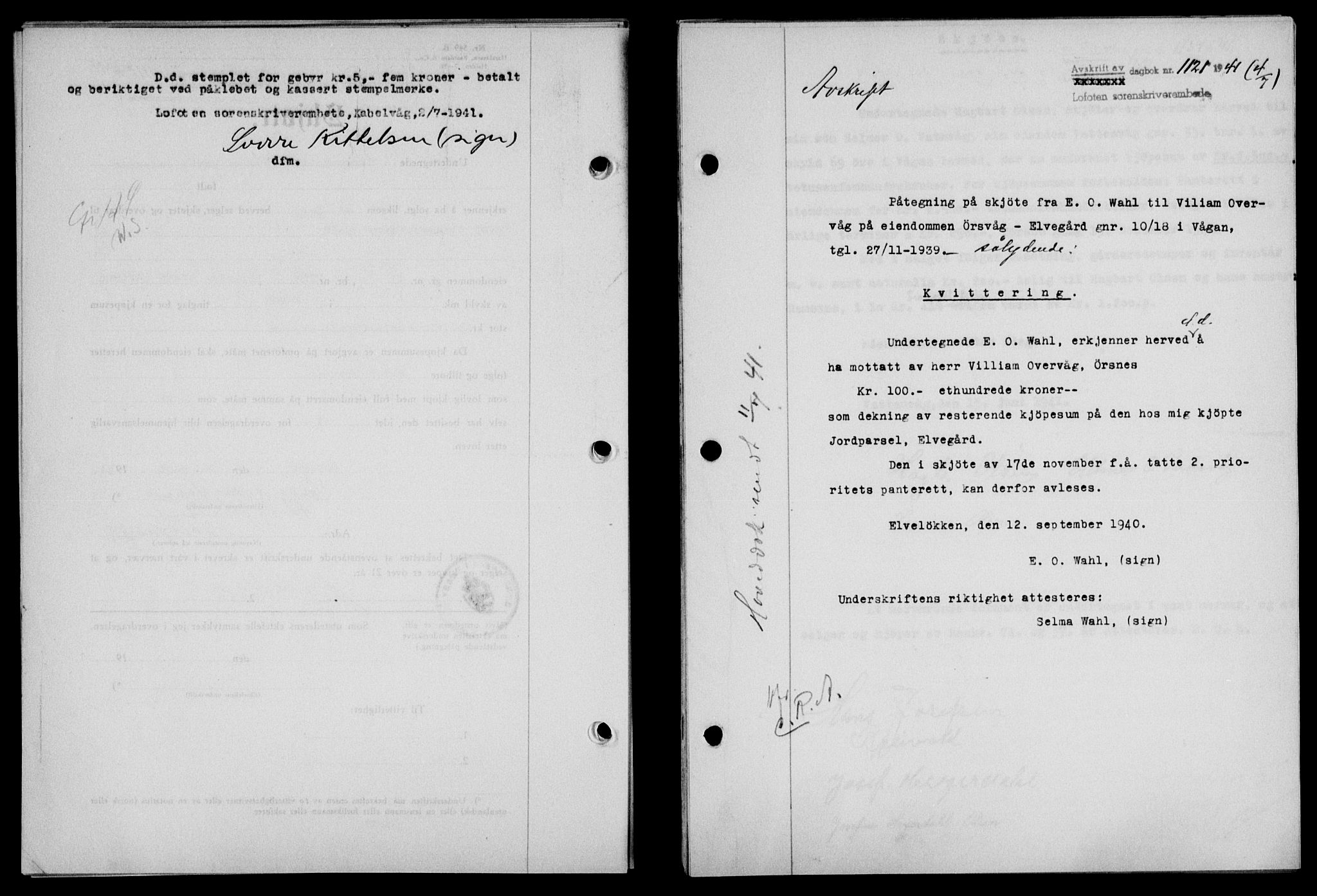 Lofoten sorenskriveri, SAT/A-0017/1/2/2C/L0008a: Mortgage book no. 8a, 1940-1941, Diary no: : 1121/1941