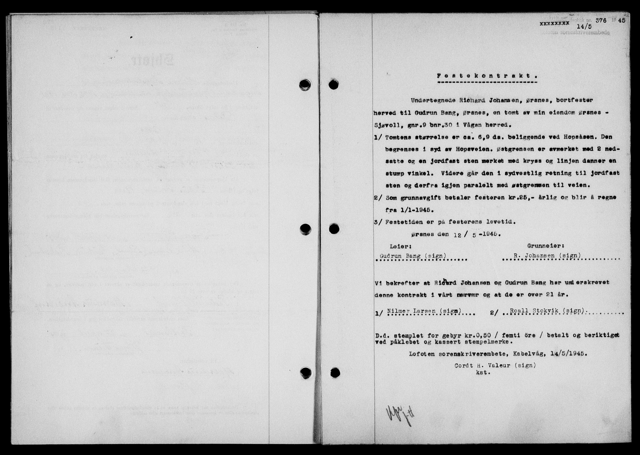Lofoten sorenskriveri, SAT/A-0017/1/2/2C/L0013a: Mortgage book no. 13a, 1944-1946, Diary no: : 376/1945