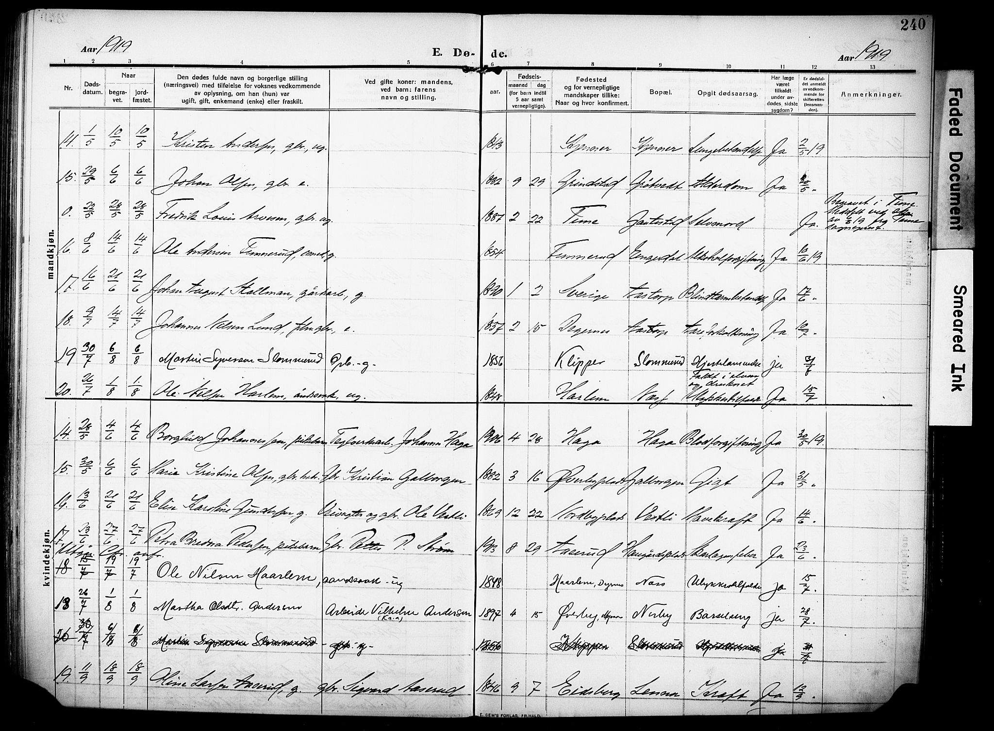 Rakkestad prestekontor Kirkebøker, AV/SAO-A-2008/F/Fa/L0015: Parish register (official) no. I 15, 1909-1922, p. 240