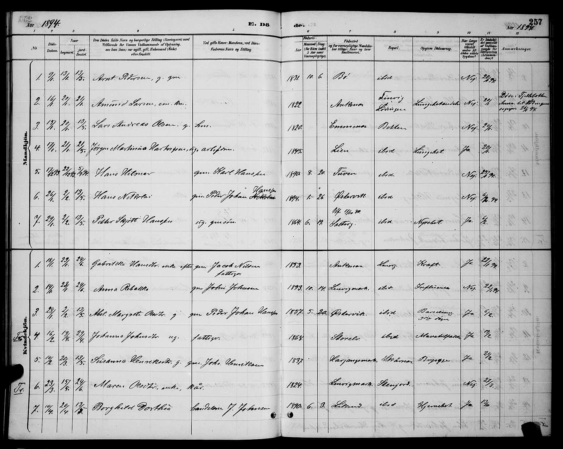 Ministerialprotokoller, klokkerbøker og fødselsregistre - Nordland, SAT/A-1459/863/L0914: Parish register (copy) no. 863C04, 1886-1897, p. 257