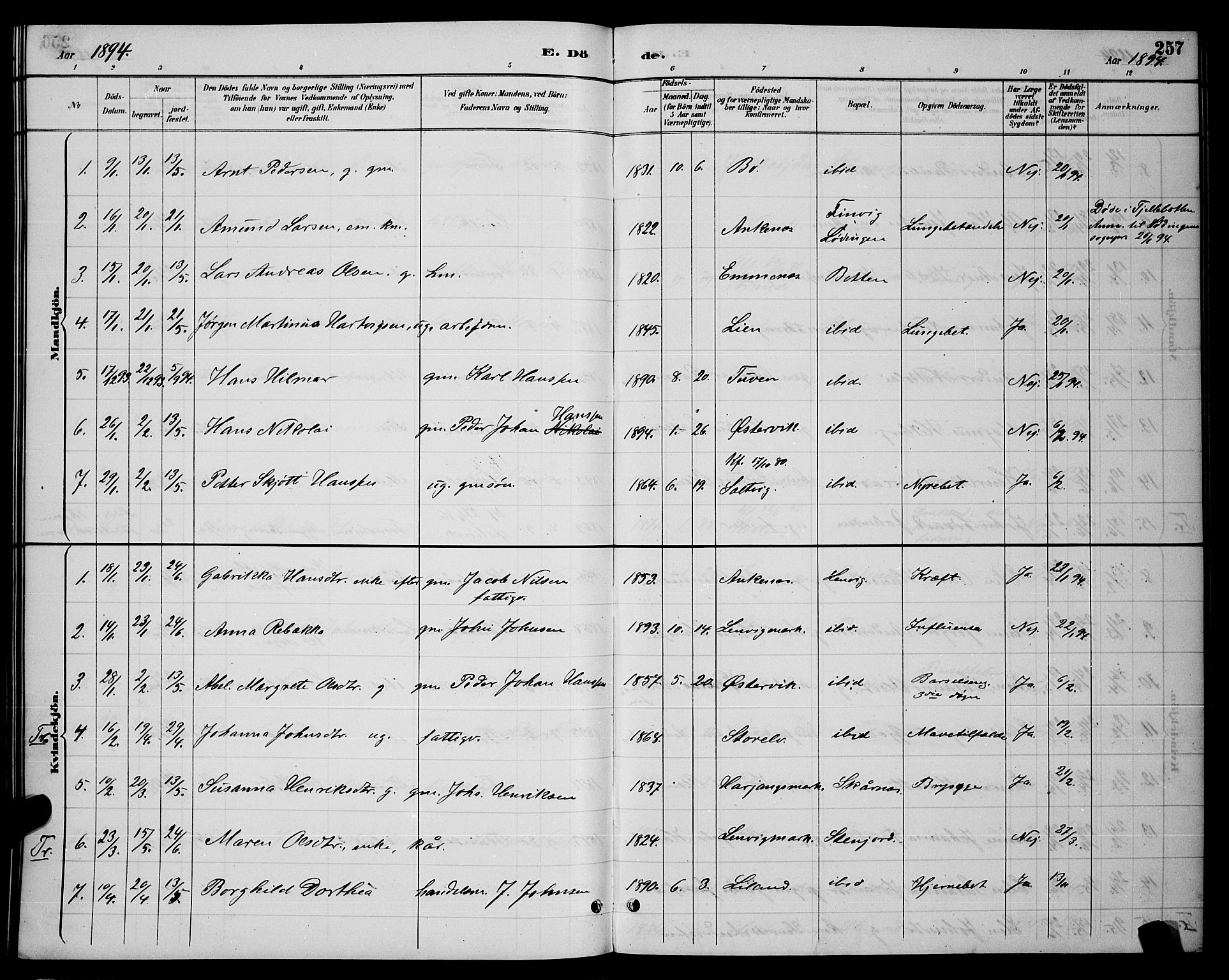 Ministerialprotokoller, klokkerbøker og fødselsregistre - Nordland, AV/SAT-A-1459/863/L0914: Parish register (copy) no. 863C04, 1886-1897, p. 257