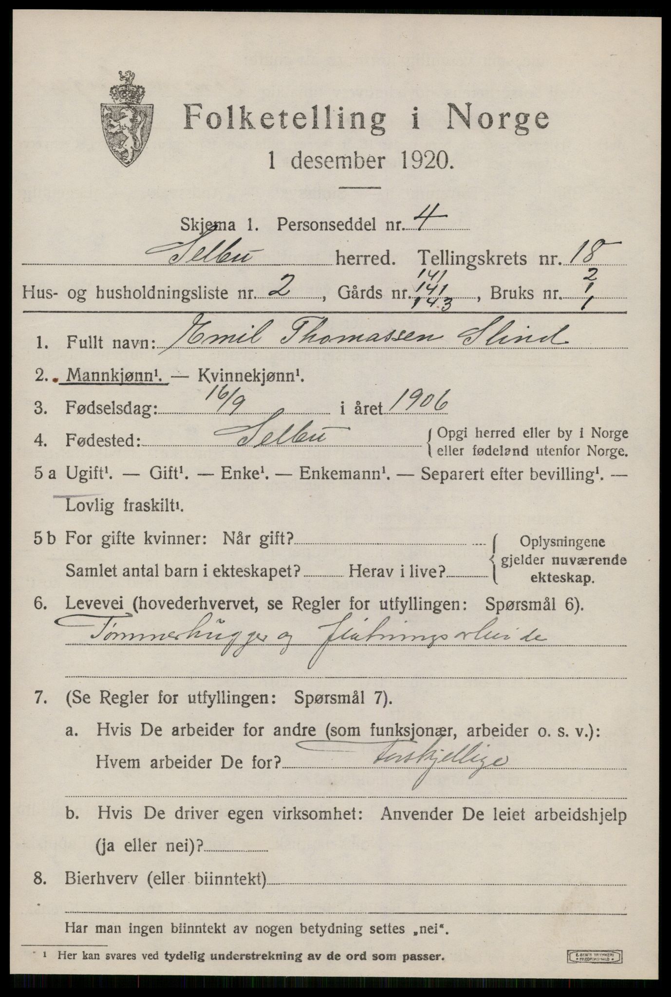 SAT, 1920 census for Selbu, 1920, p. 9452