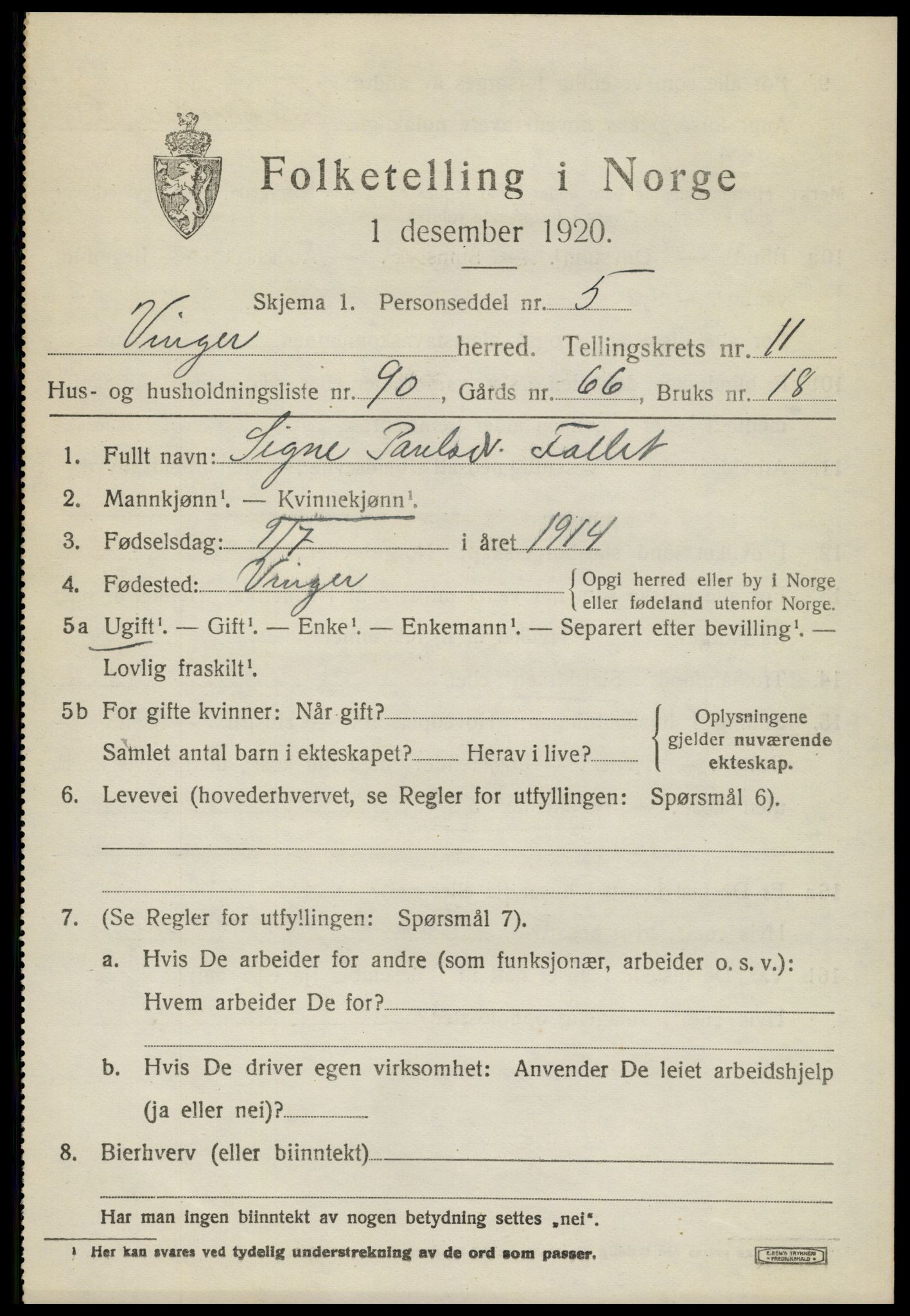 SAH, 1920 census for Vinger, 1920, p. 10032