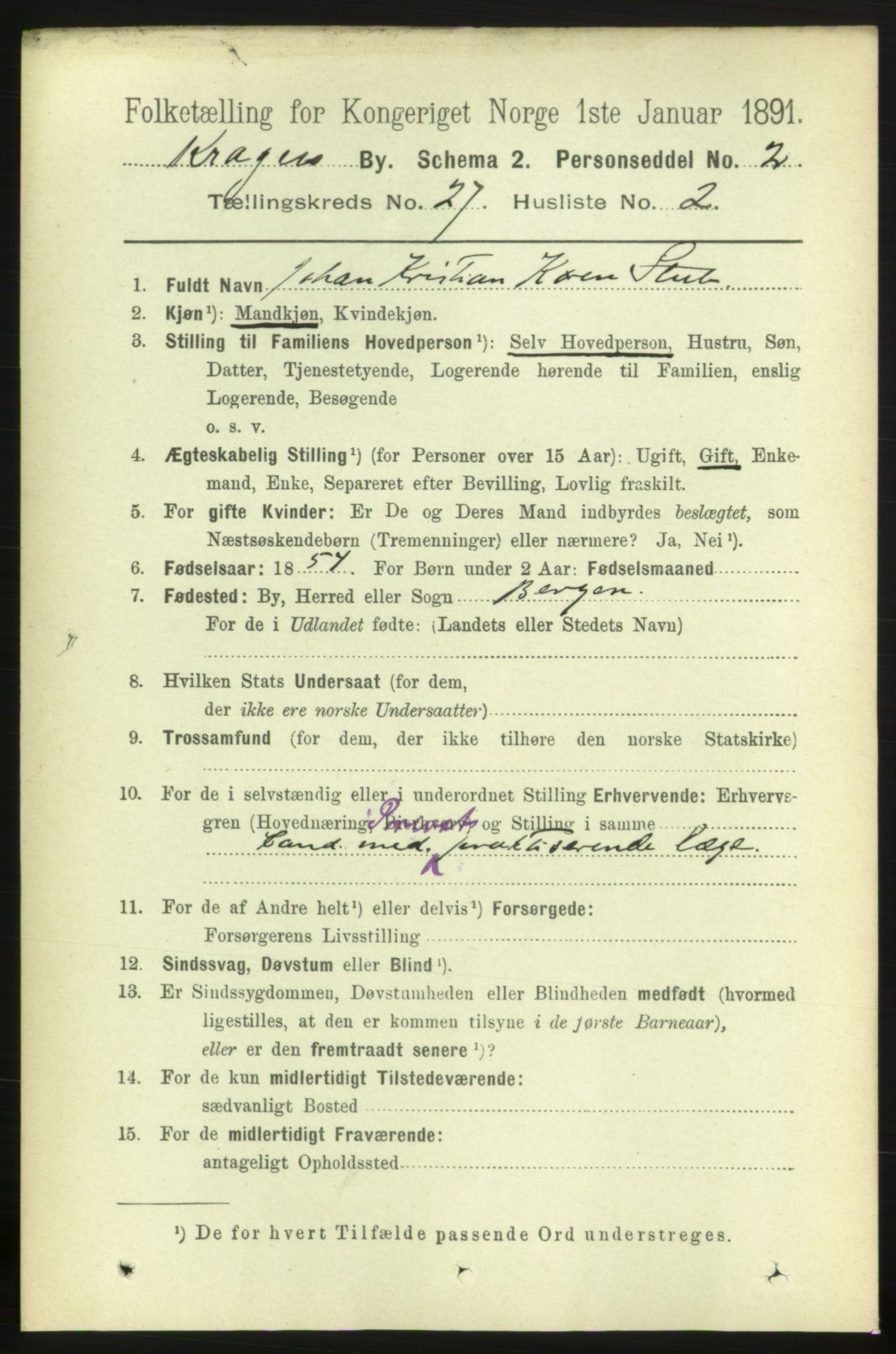 RA, 1891 census for 0801 Kragerø, 1891, p. 5298