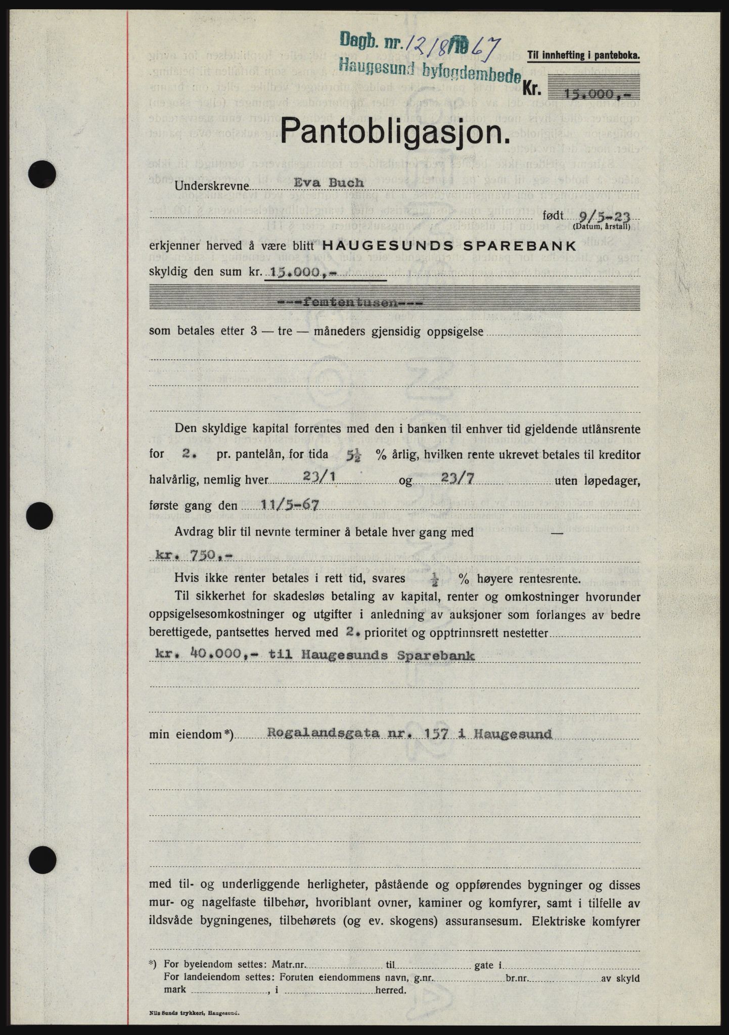 Haugesund tingrett, SAST/A-101415/01/II/IIC/L0056: Mortgage book no. B 56, 1966-1967, Diary no: : 1218/1967