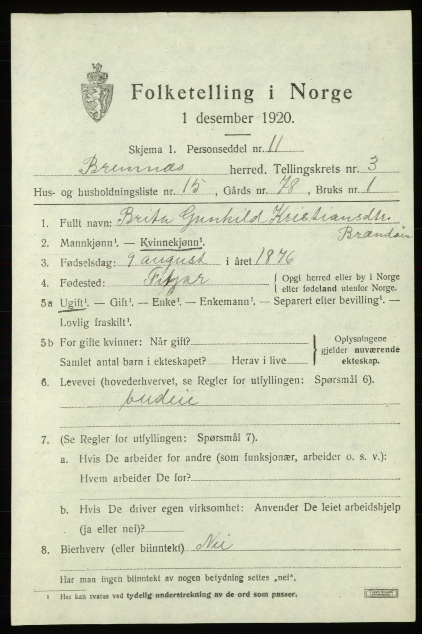 SAB, 1920 census for Bremnes, 1920, p. 1760