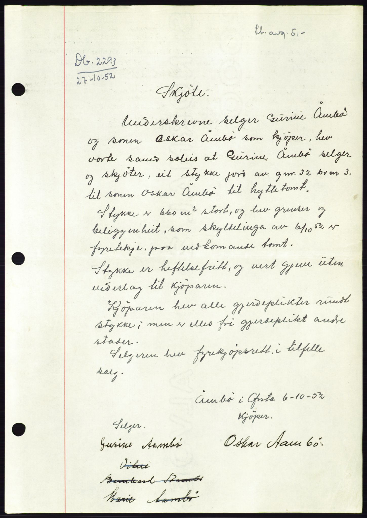 Søre Sunnmøre sorenskriveri, SAT/A-4122/1/2/2C/L0093: Mortgage book no. 19A, 1952-1953, Diary no: : 2293/1952