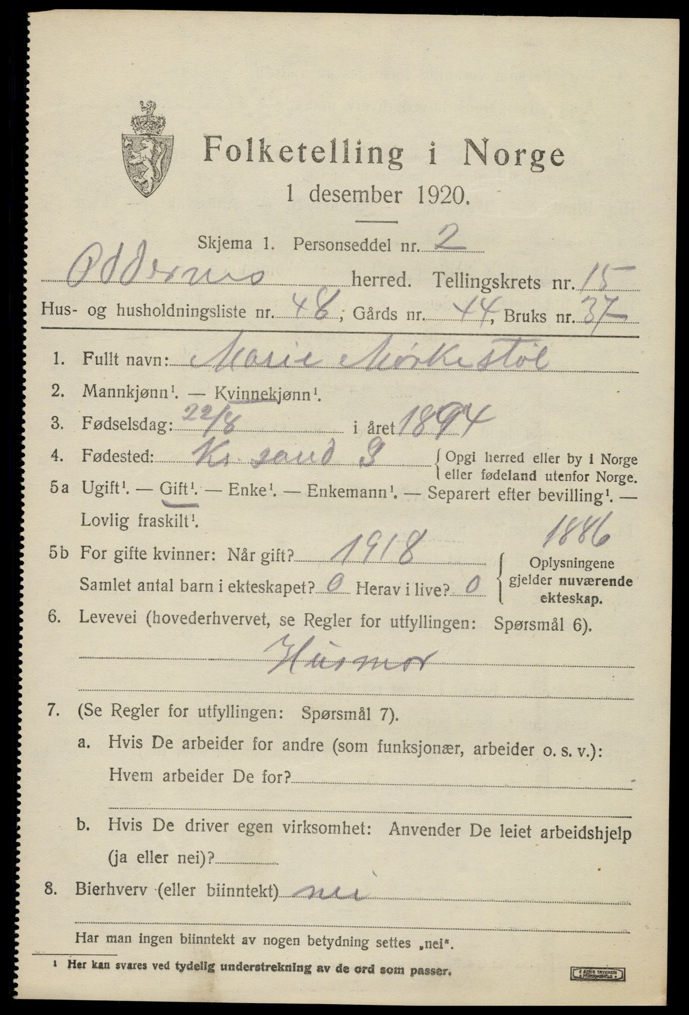 SAK, 1920 census for Oddernes, 1920, p. 10569