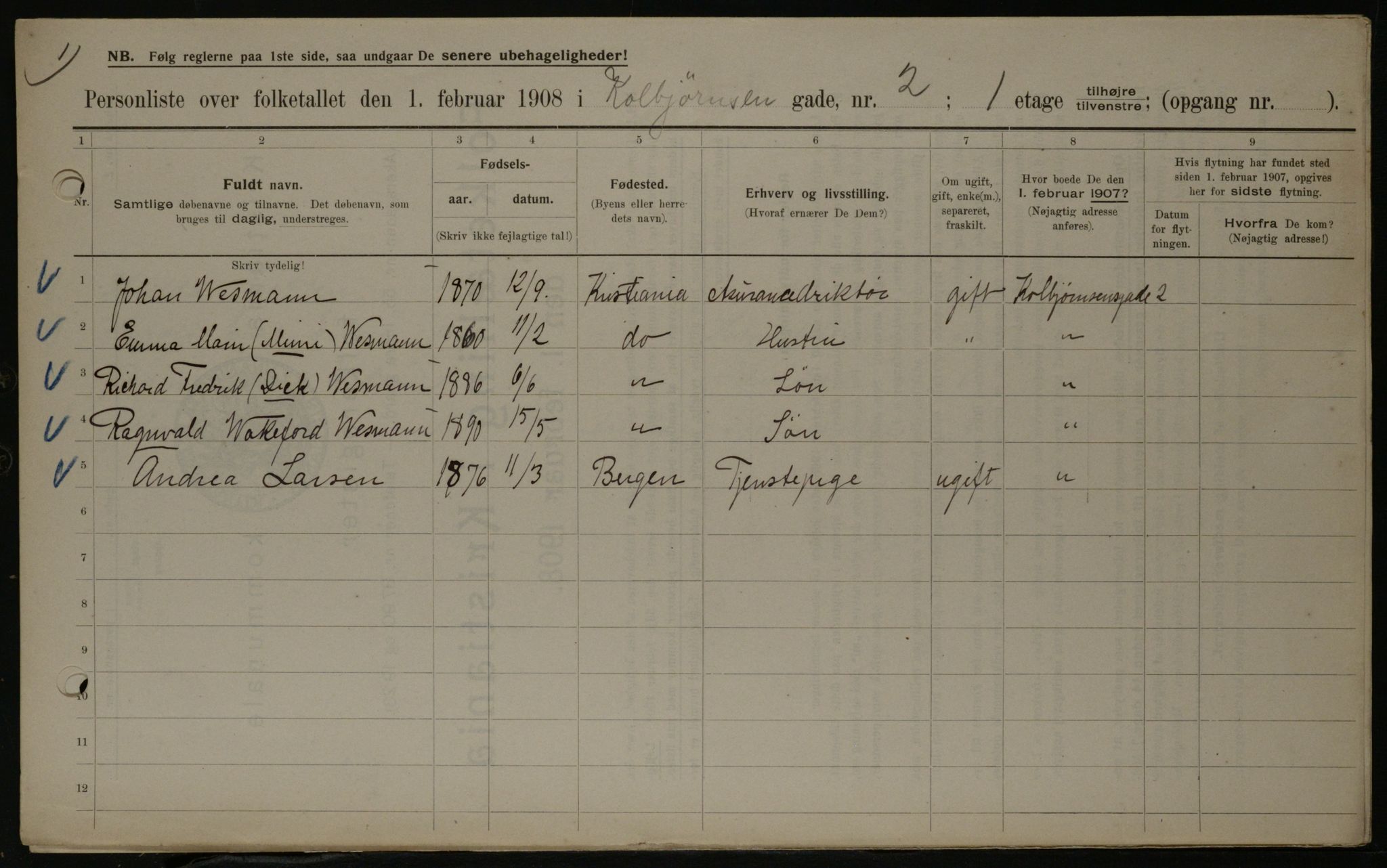 OBA, Municipal Census 1908 for Kristiania, 1908, p. 12081