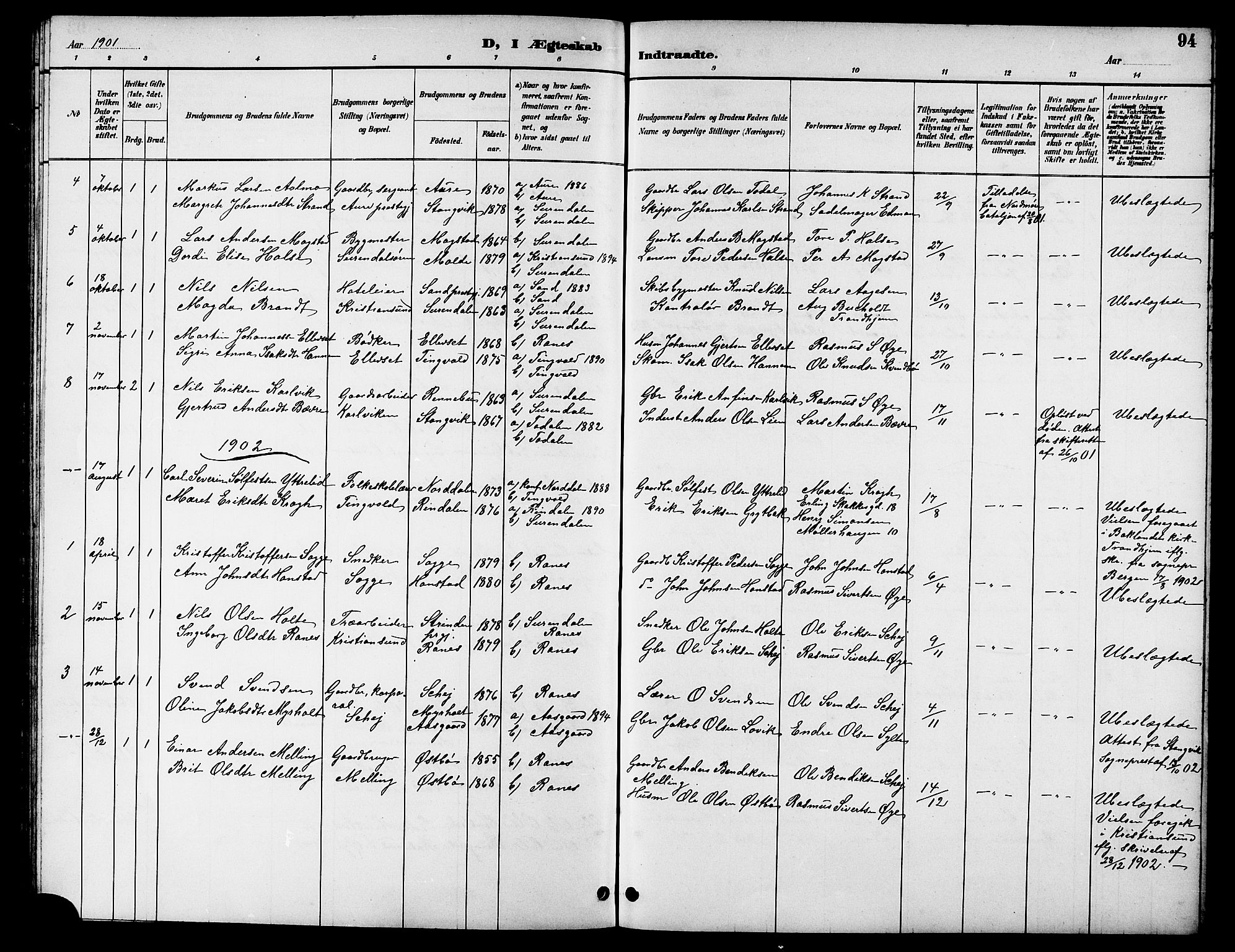 Ministerialprotokoller, klokkerbøker og fødselsregistre - Møre og Romsdal, AV/SAT-A-1454/596/L1058: Parish register (copy) no. 596C01, 1891-1907, p. 94