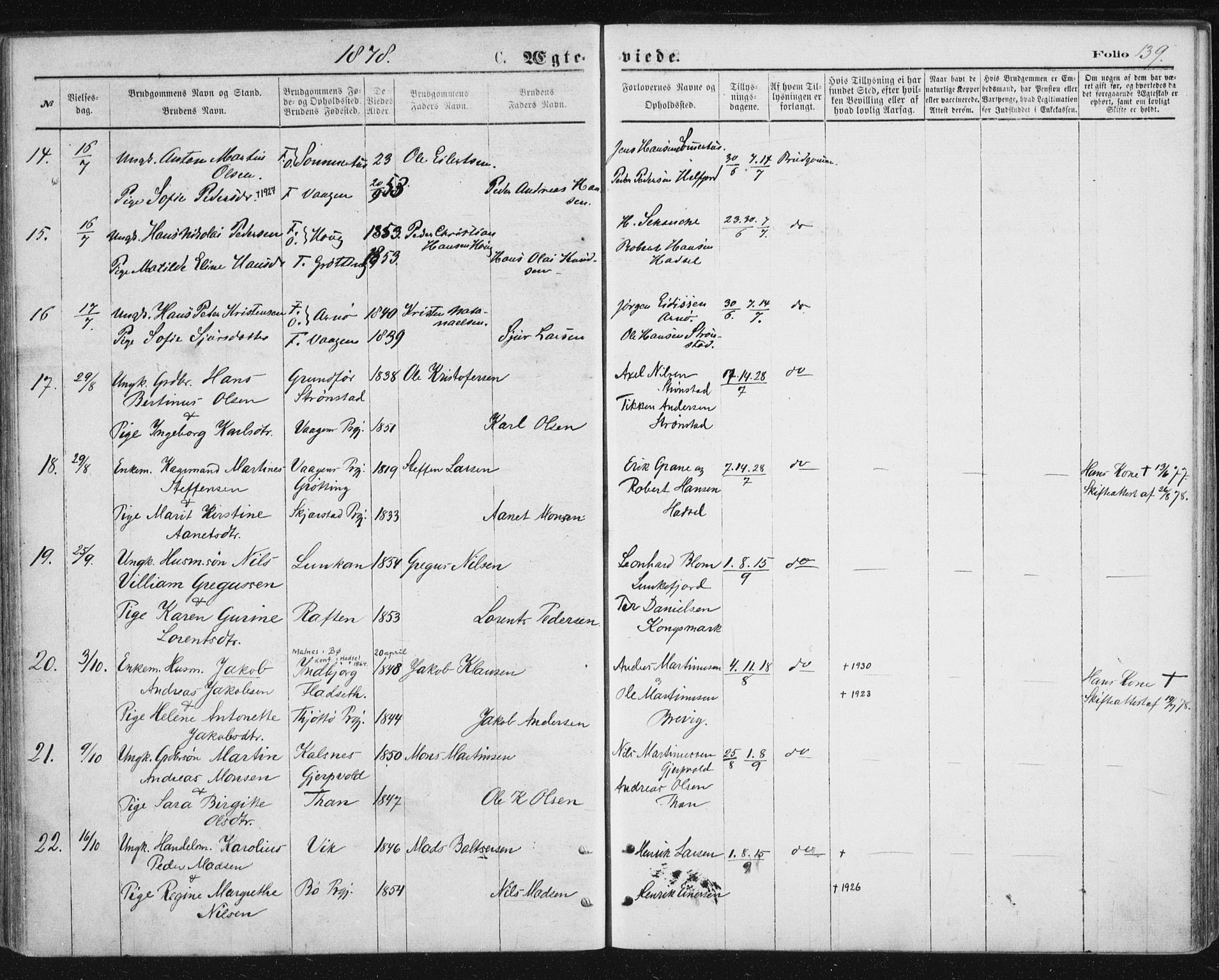 Ministerialprotokoller, klokkerbøker og fødselsregistre - Nordland, AV/SAT-A-1459/888/L1243: Parish register (official) no. 888A09, 1876-1879, p. 139