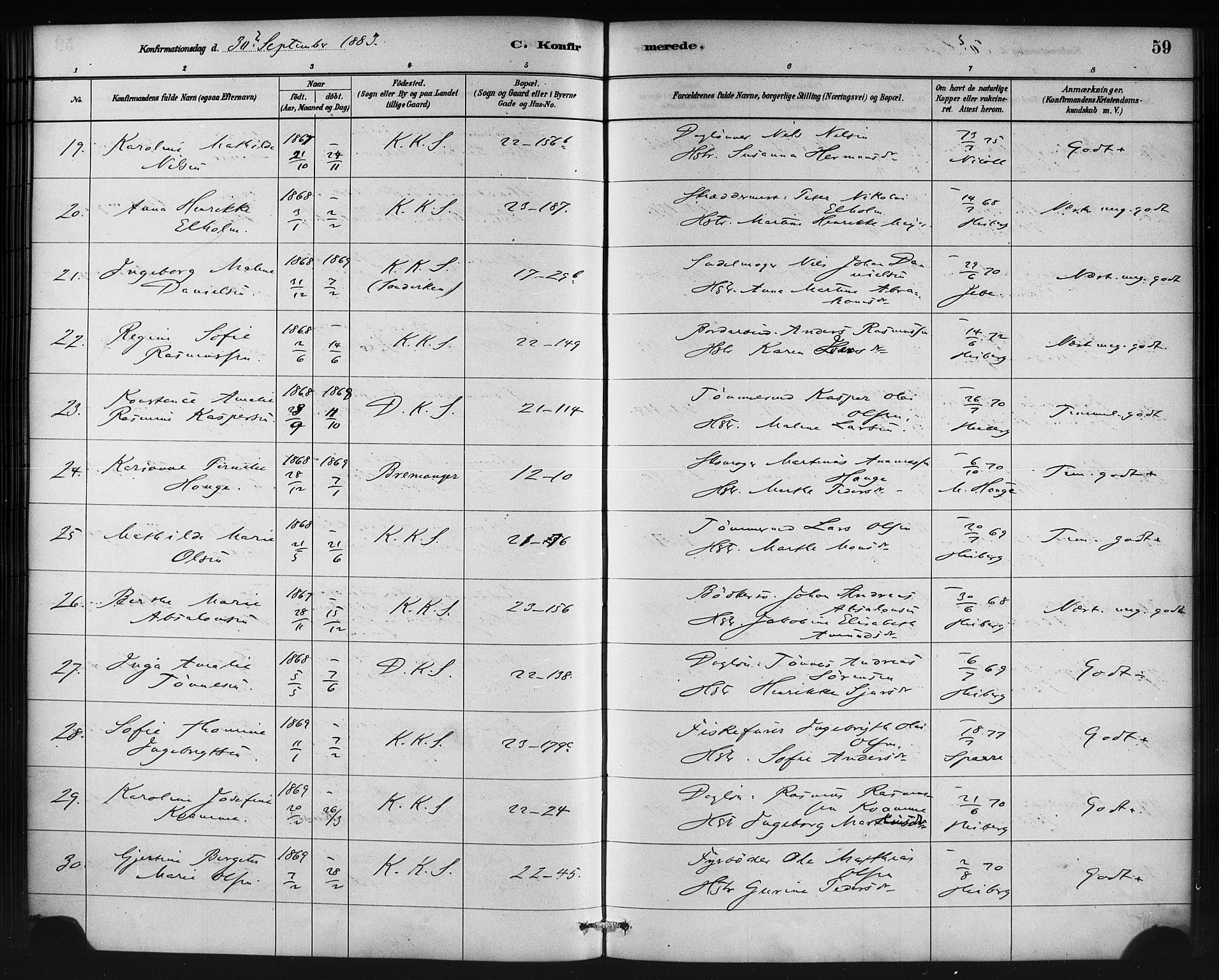 Korskirken sokneprestembete, AV/SAB-A-76101/H/Haa/L0029: Parish register (official) no. C 5, 1880-1892, p. 59