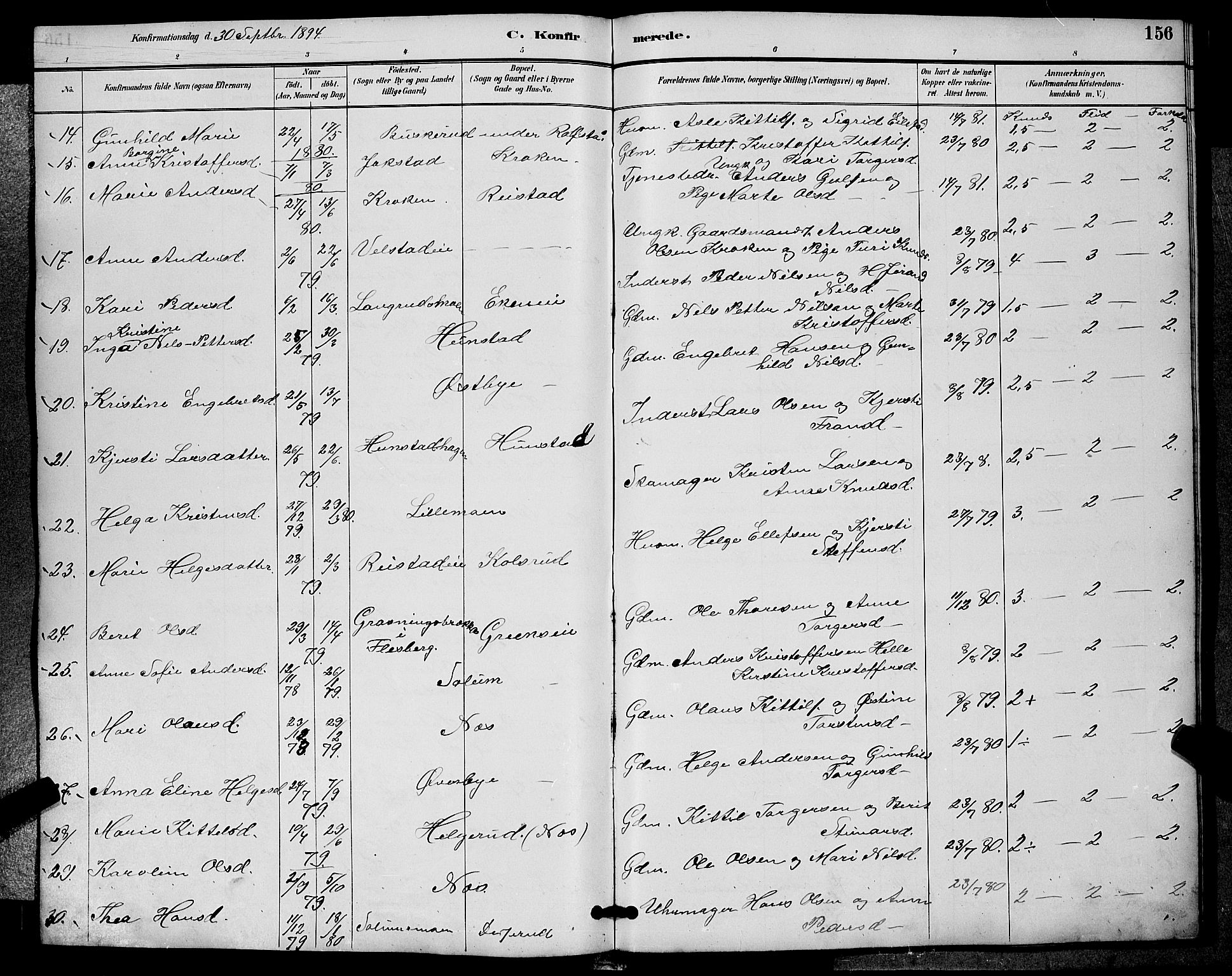 Sigdal kirkebøker, AV/SAKO-A-245/G/Ga/L0005: Parish register (copy) no. I 5, 1886-1900, p. 156