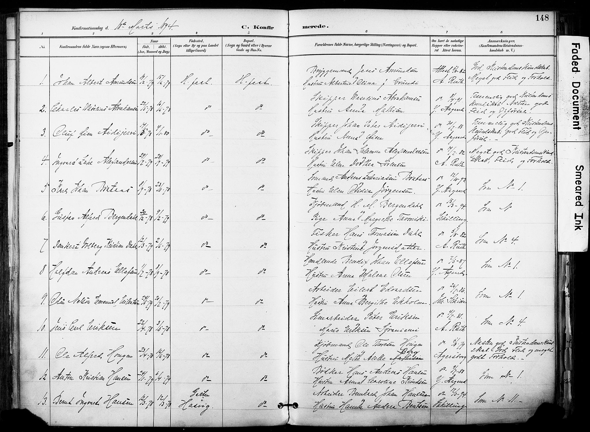 Hammerfest sokneprestkontor, SATØ/S-1347/H/Ha/L0009.kirke: Parish register (official) no. 9, 1889-1897, p. 148