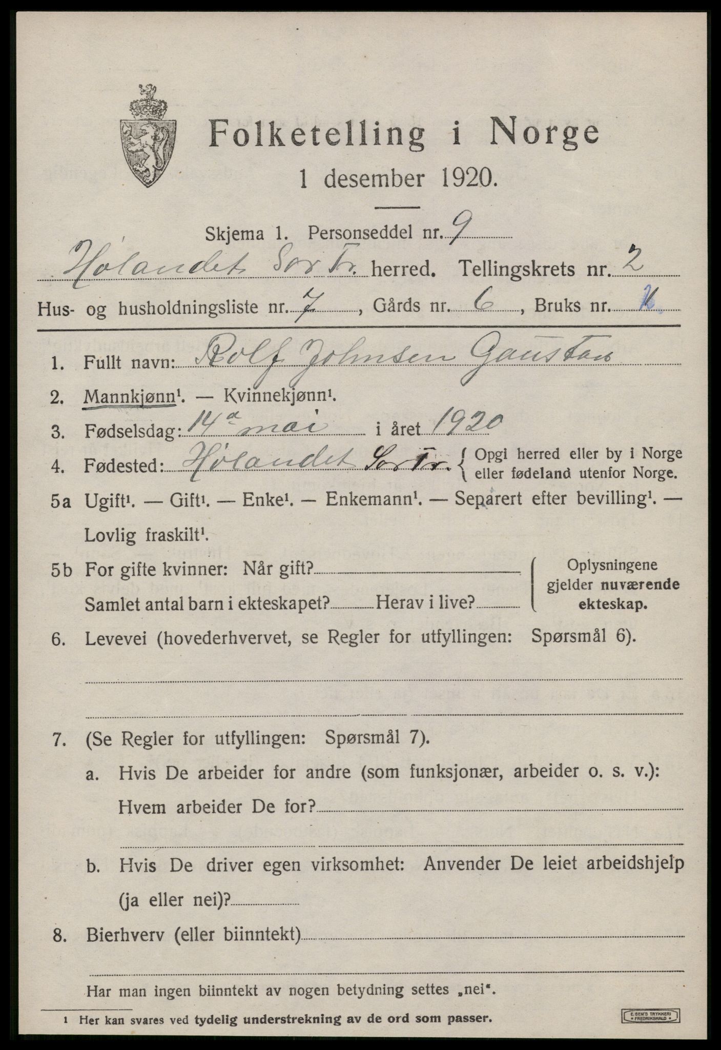 SAT, 1920 census for Hølonda, 1920, p. 609