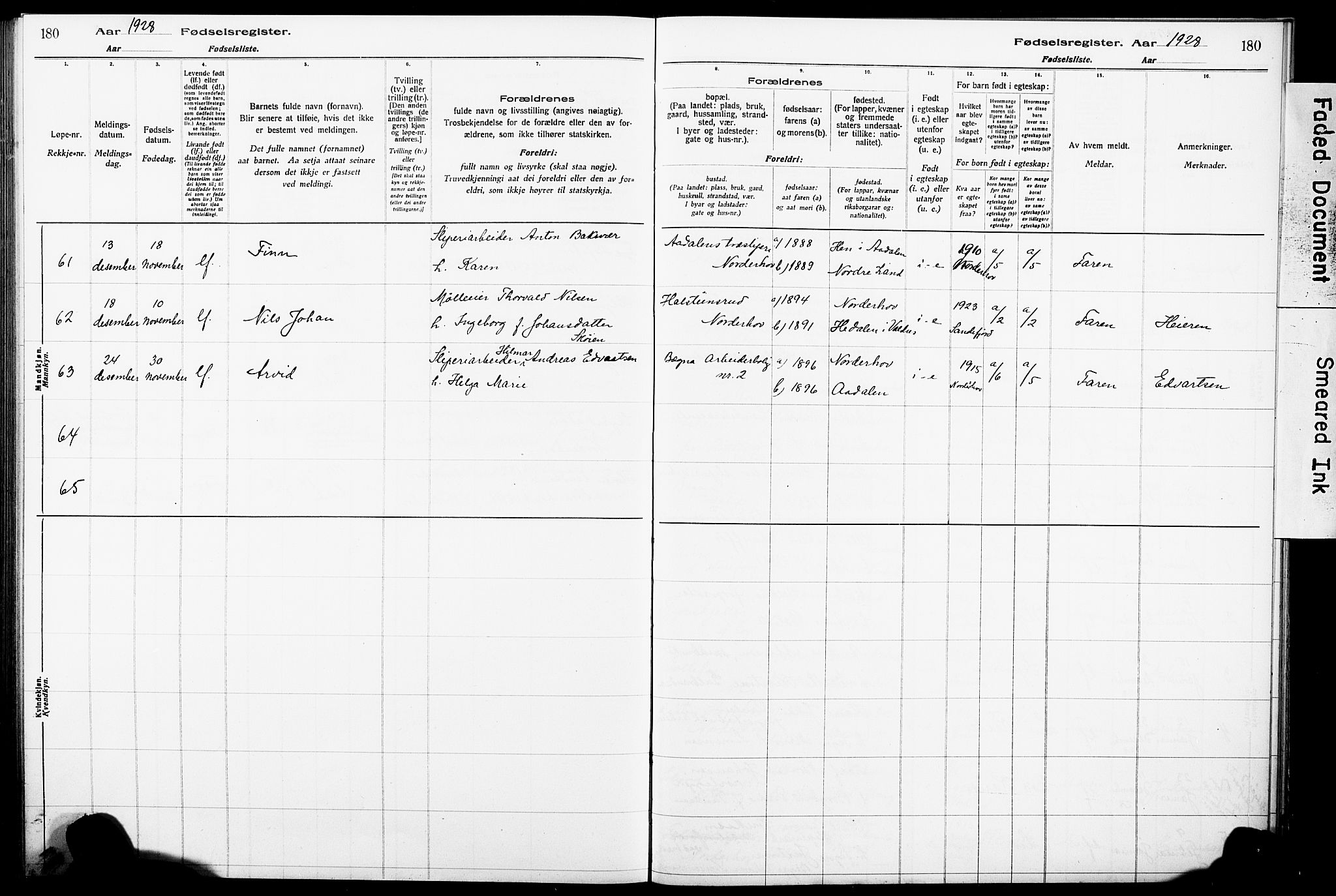 Norderhov kirkebøker, AV/SAKO-A-237/J/Ja/L0001: Birth register no. 1, 1916-1930, p. 180