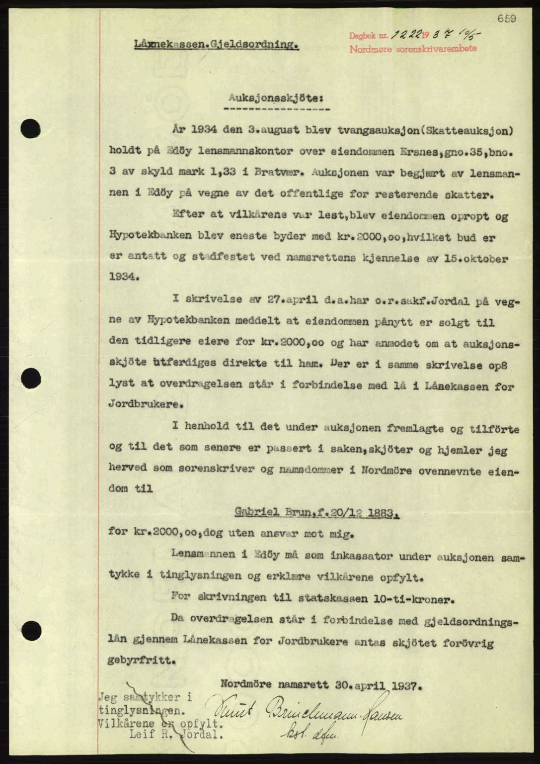 Nordmøre sorenskriveri, AV/SAT-A-4132/1/2/2Ca: Mortgage book no. A81, 1937-1937, Diary no: : 1222/1937