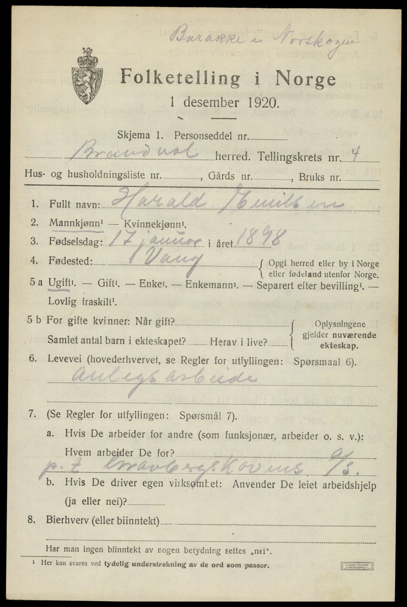 SAH, 1920 census for Brandval, 1920, p. 4364