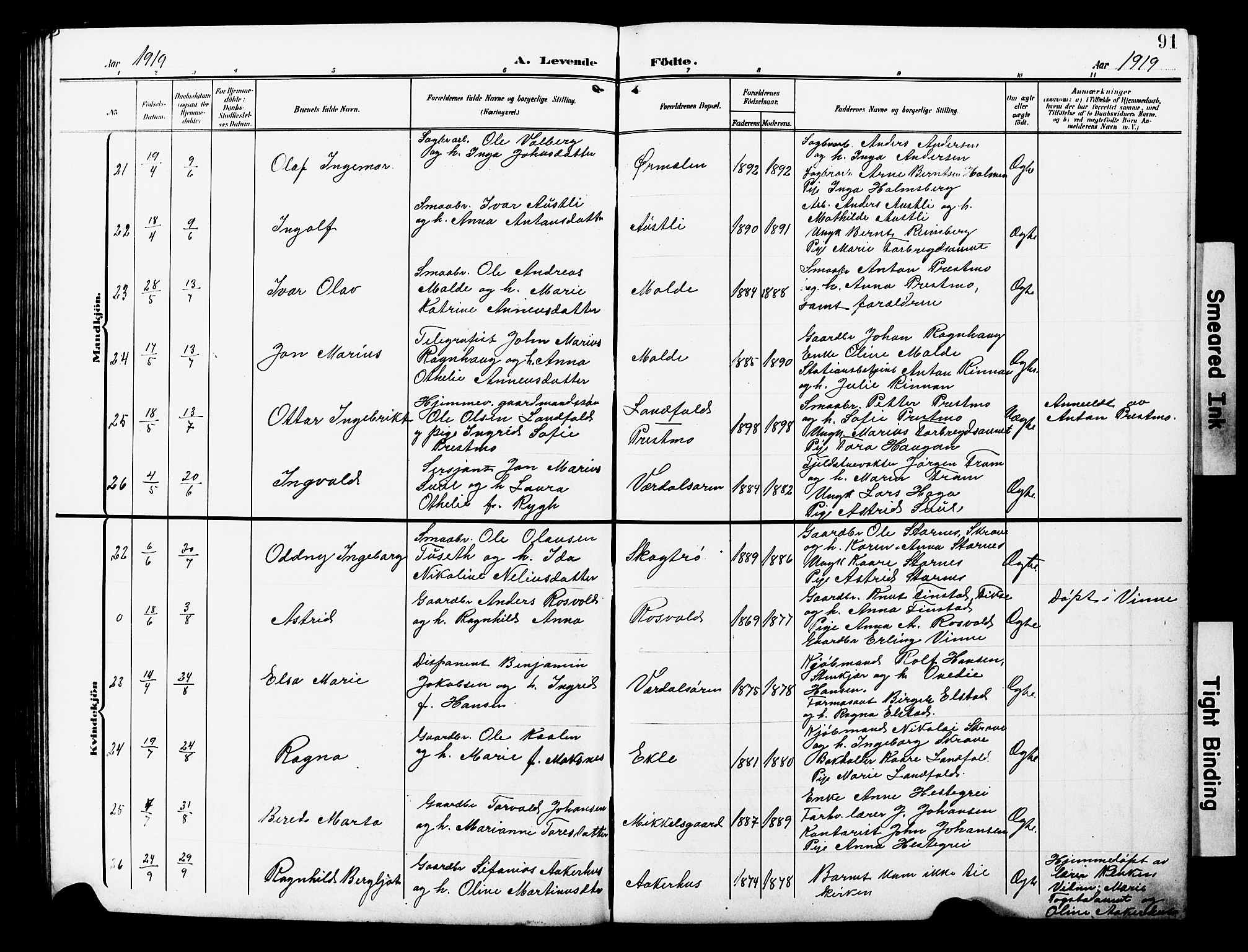 Ministerialprotokoller, klokkerbøker og fødselsregistre - Nord-Trøndelag, AV/SAT-A-1458/723/L0258: Parish register (copy) no. 723C06, 1908-1927, p. 91