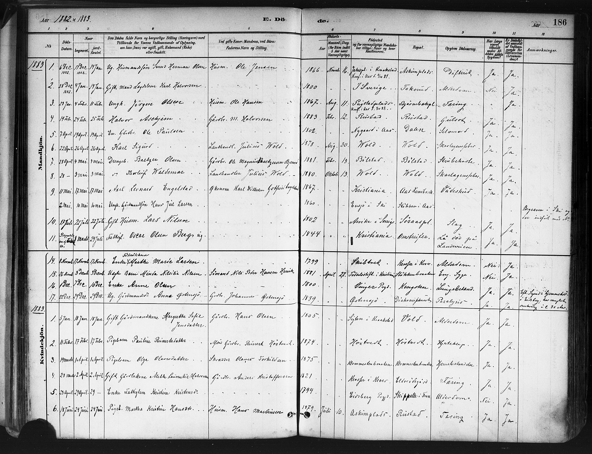 Ås prestekontor Kirkebøker, AV/SAO-A-10894/F/Fa/L0009: Parish register (official) no. I 9, 1881-1900, p. 186