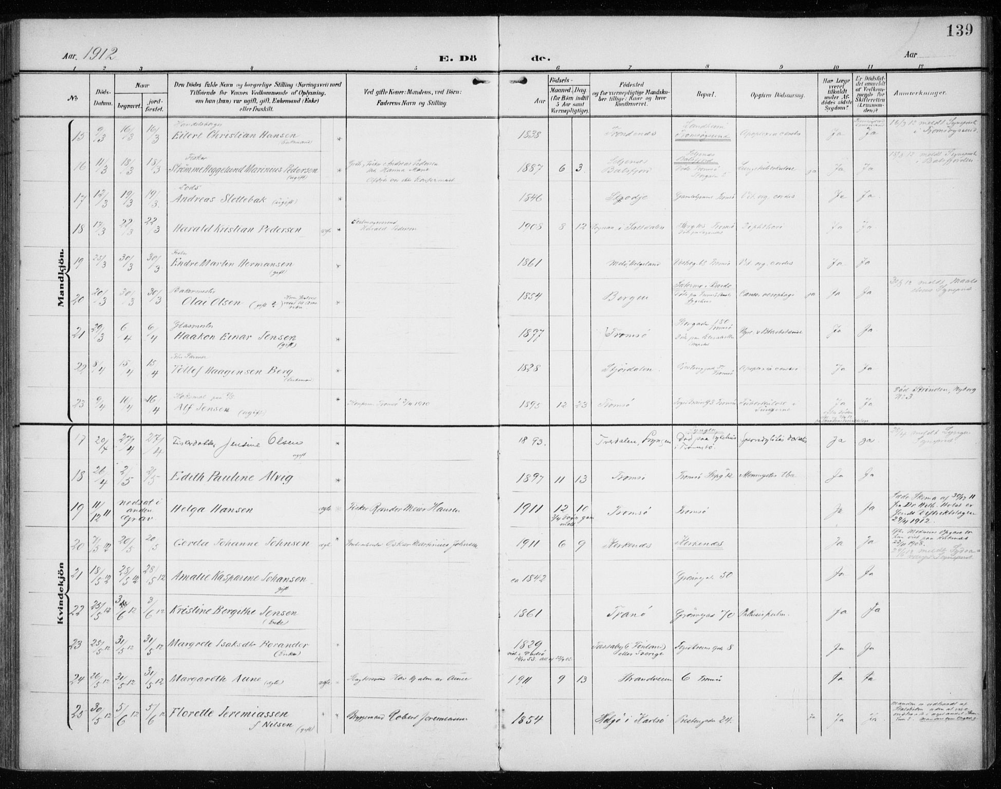 Tromsø sokneprestkontor/stiftsprosti/domprosti, AV/SATØ-S-1343/G/Ga/L0018kirke: Parish register (official) no. 18, 1907-1917, p. 139