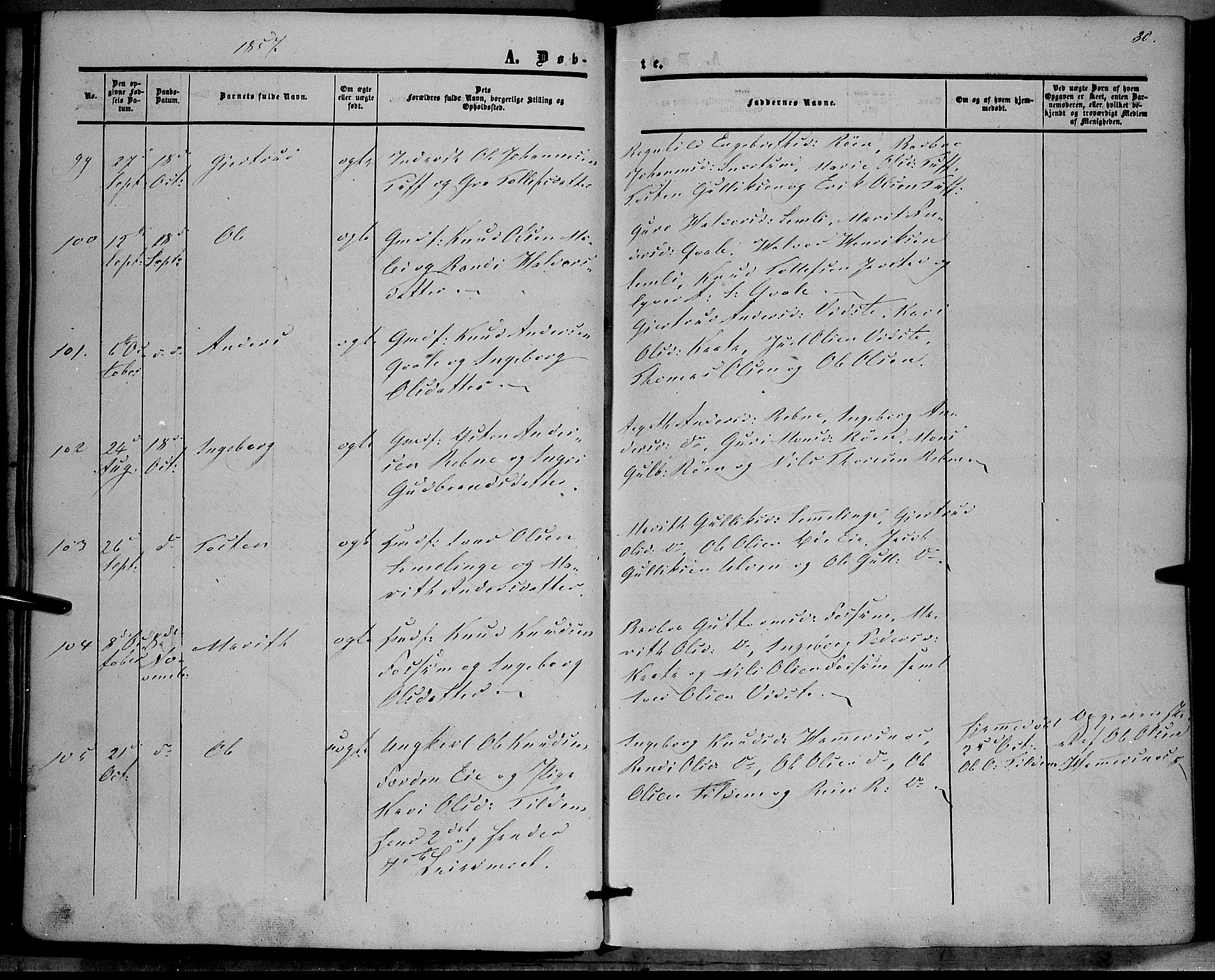 Vestre Slidre prestekontor, AV/SAH-PREST-136/H/Ha/Haa/L0002: Parish register (official) no. 2, 1856-1864, p. 30