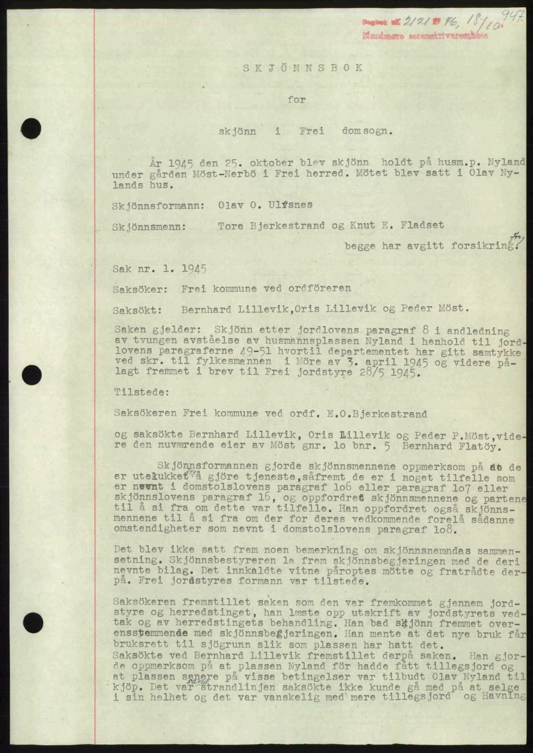 Nordmøre sorenskriveri, AV/SAT-A-4132/1/2/2Ca: Mortgage book no. A102, 1946-1946, Diary no: : 2121/1946