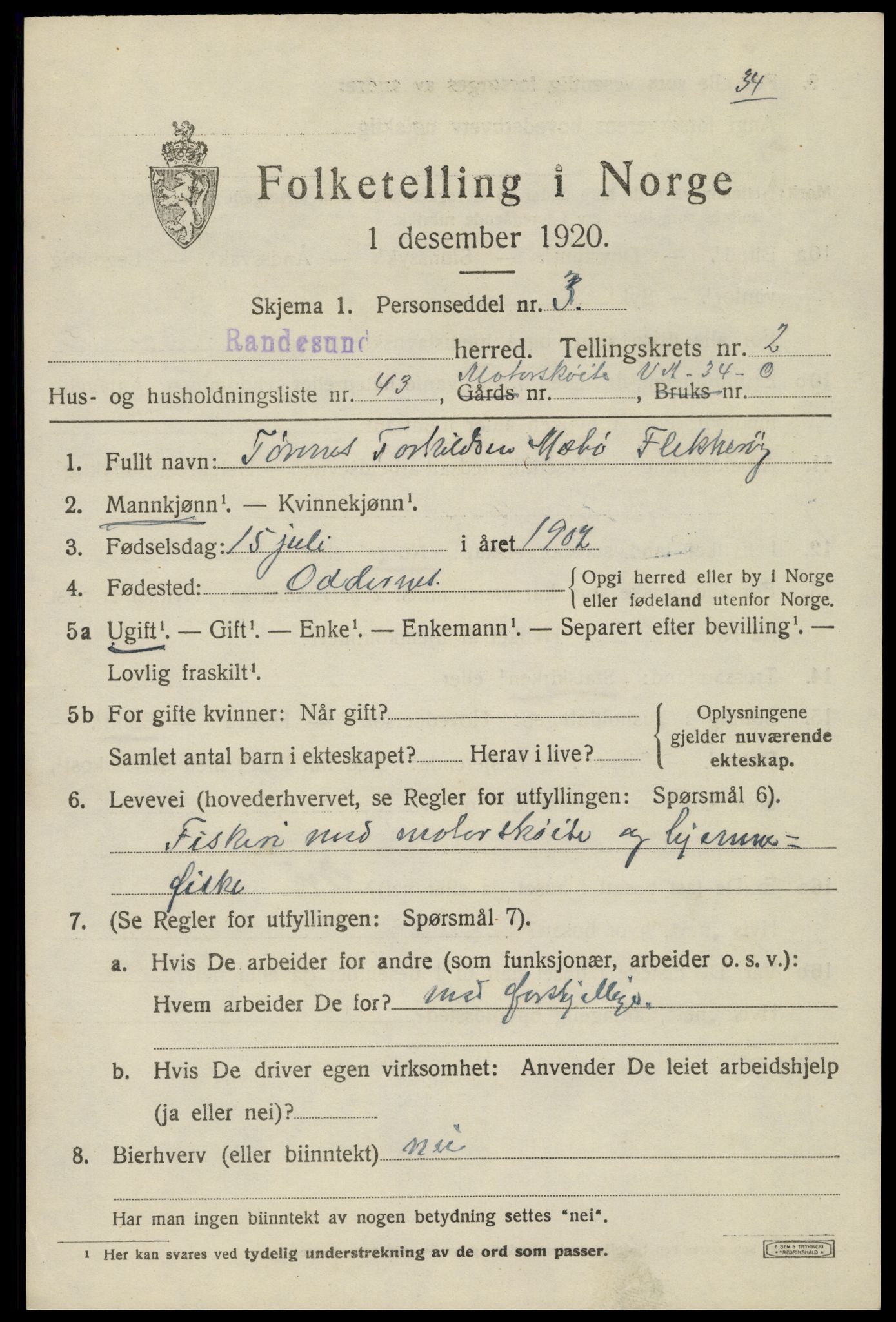 SAK, 1920 census for Randesund, 1920, p. 1448