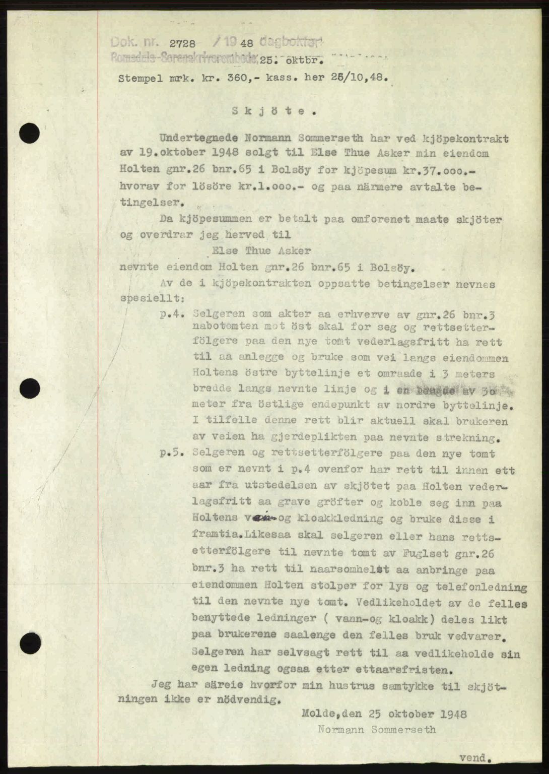 Romsdal sorenskriveri, AV/SAT-A-4149/1/2/2C: Mortgage book no. A27, 1948-1948, Diary no: : 2728/1948