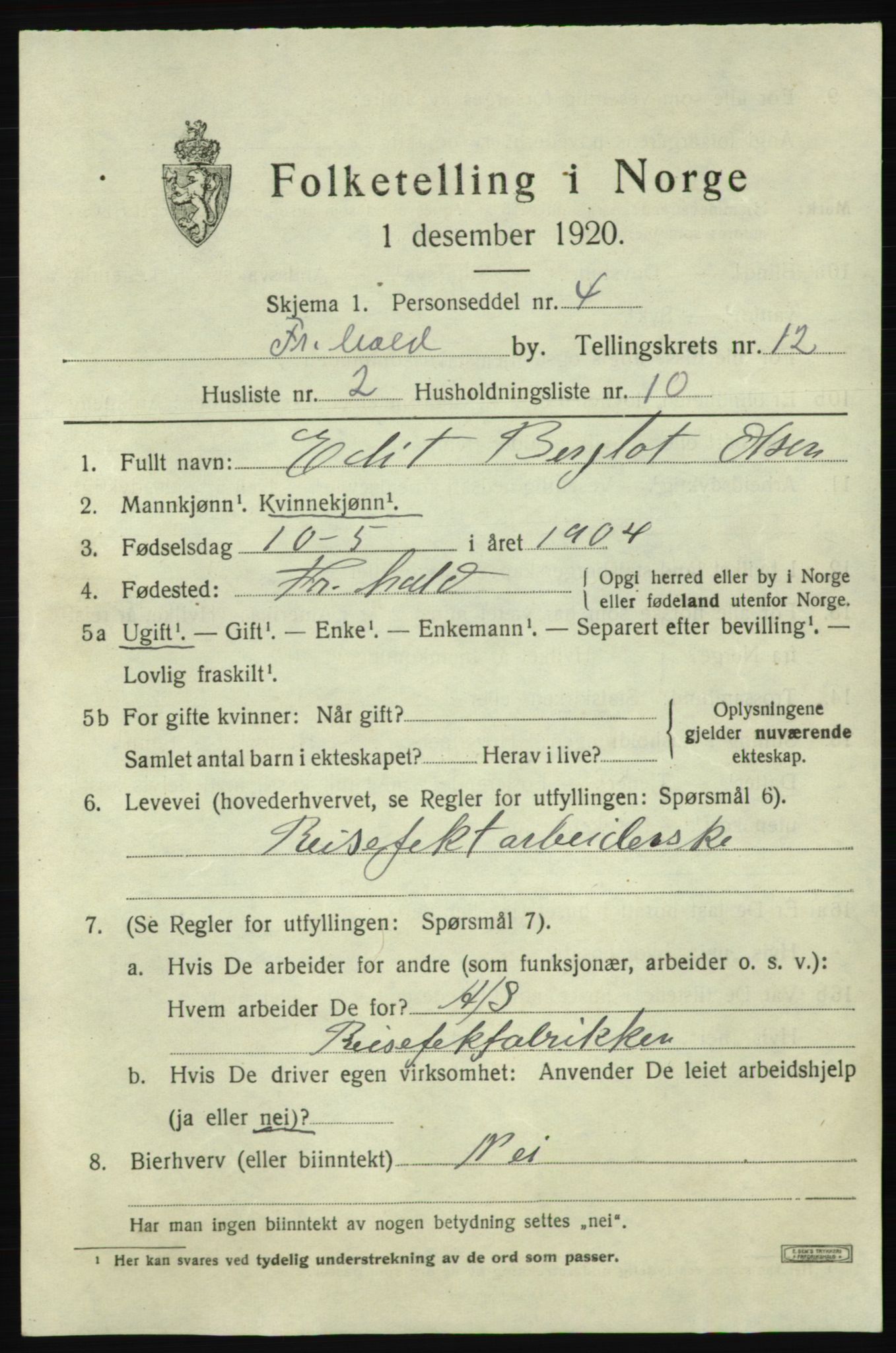 SAO, 1920 census for Fredrikshald, 1920, p. 19925