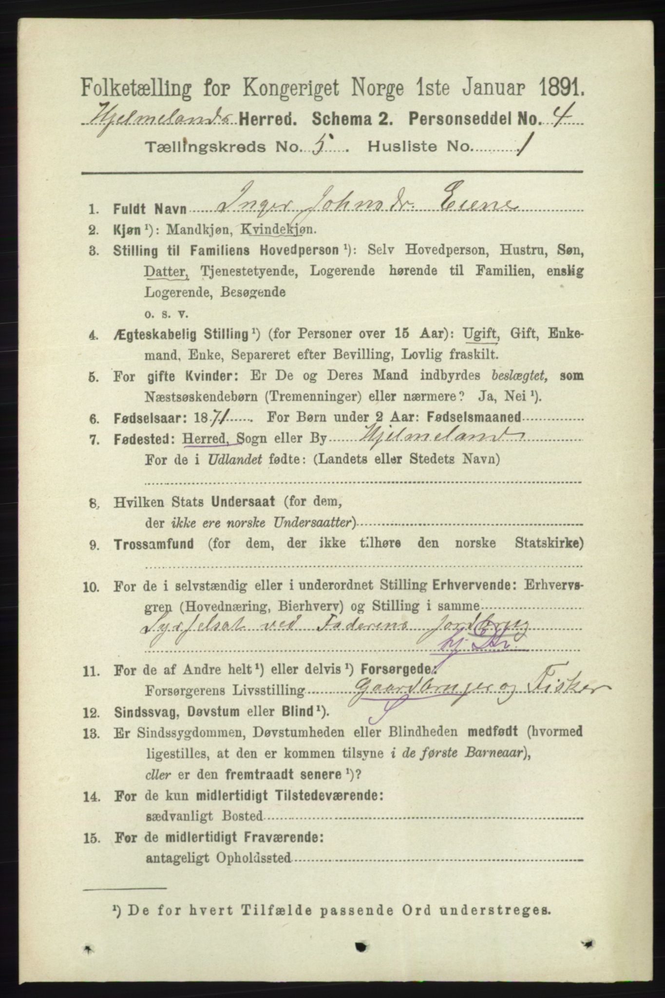 RA, 1891 census for 1133 Hjelmeland, 1891, p. 1154