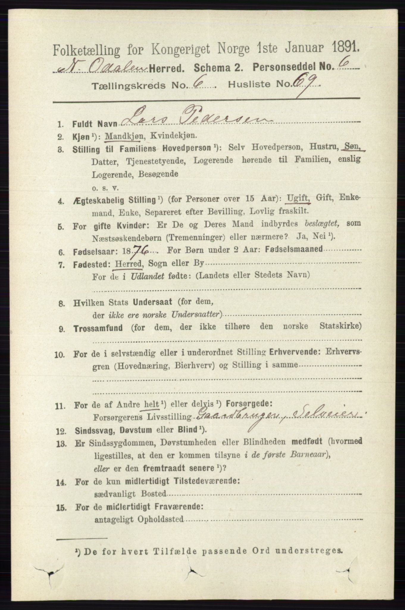 RA, 1891 census for 0418 Nord-Odal, 1891, p. 2765