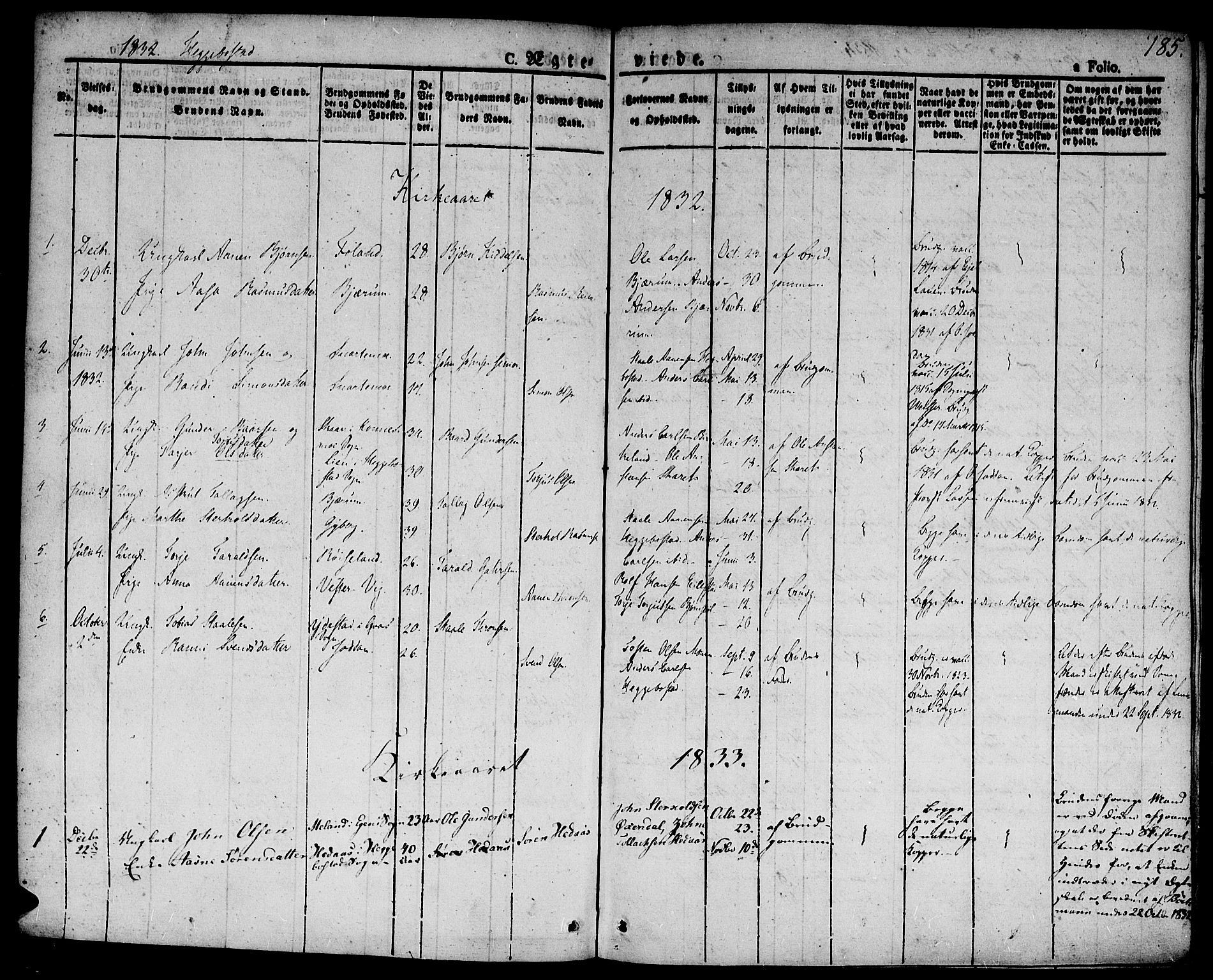 Hægebostad sokneprestkontor, AV/SAK-1111-0024/F/Fa/Faa/L0003: Parish register (official) no. A 3 /1, 1825-1834, p. 185