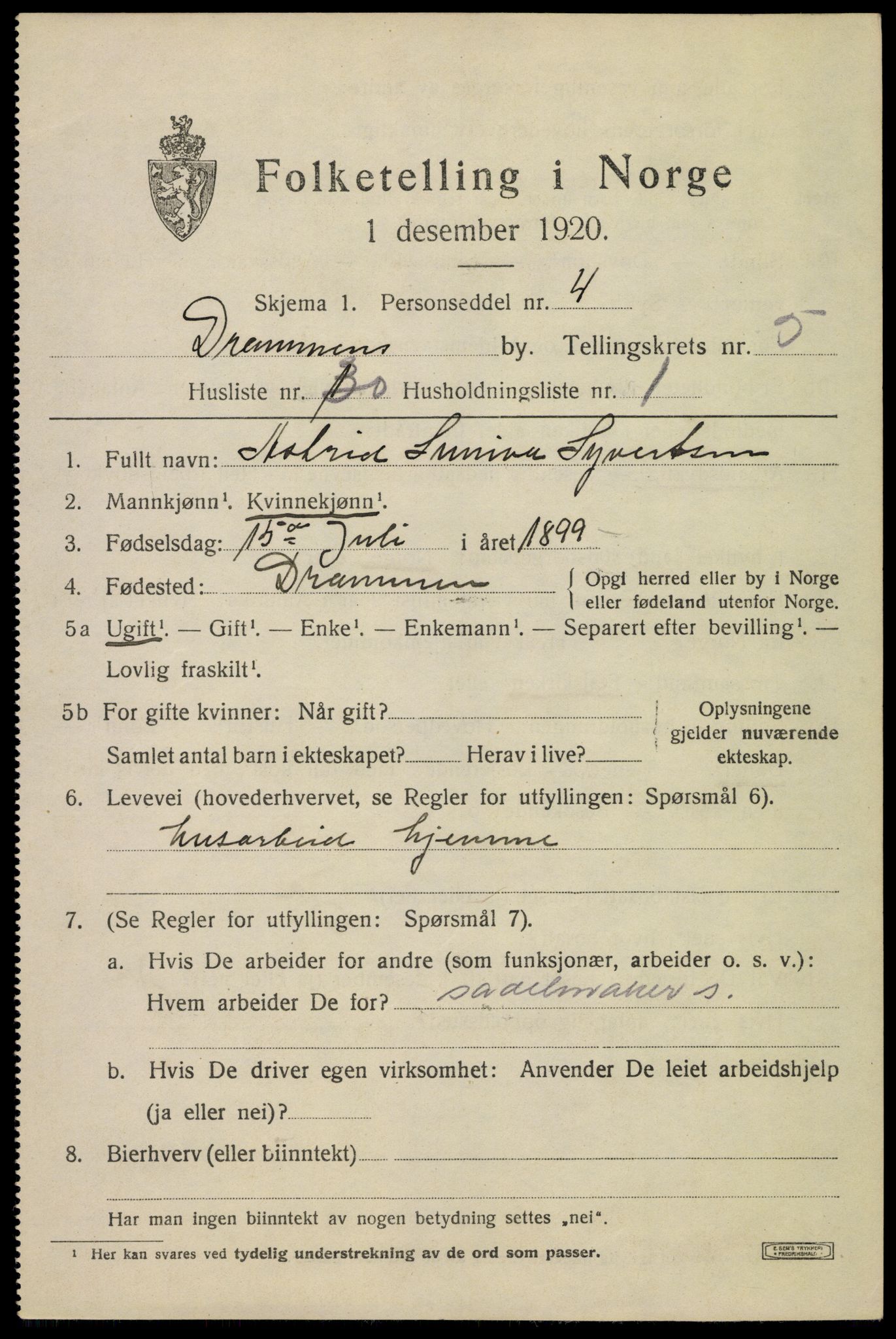 SAKO, 1920 census for Drammen, 1920, p. 36765