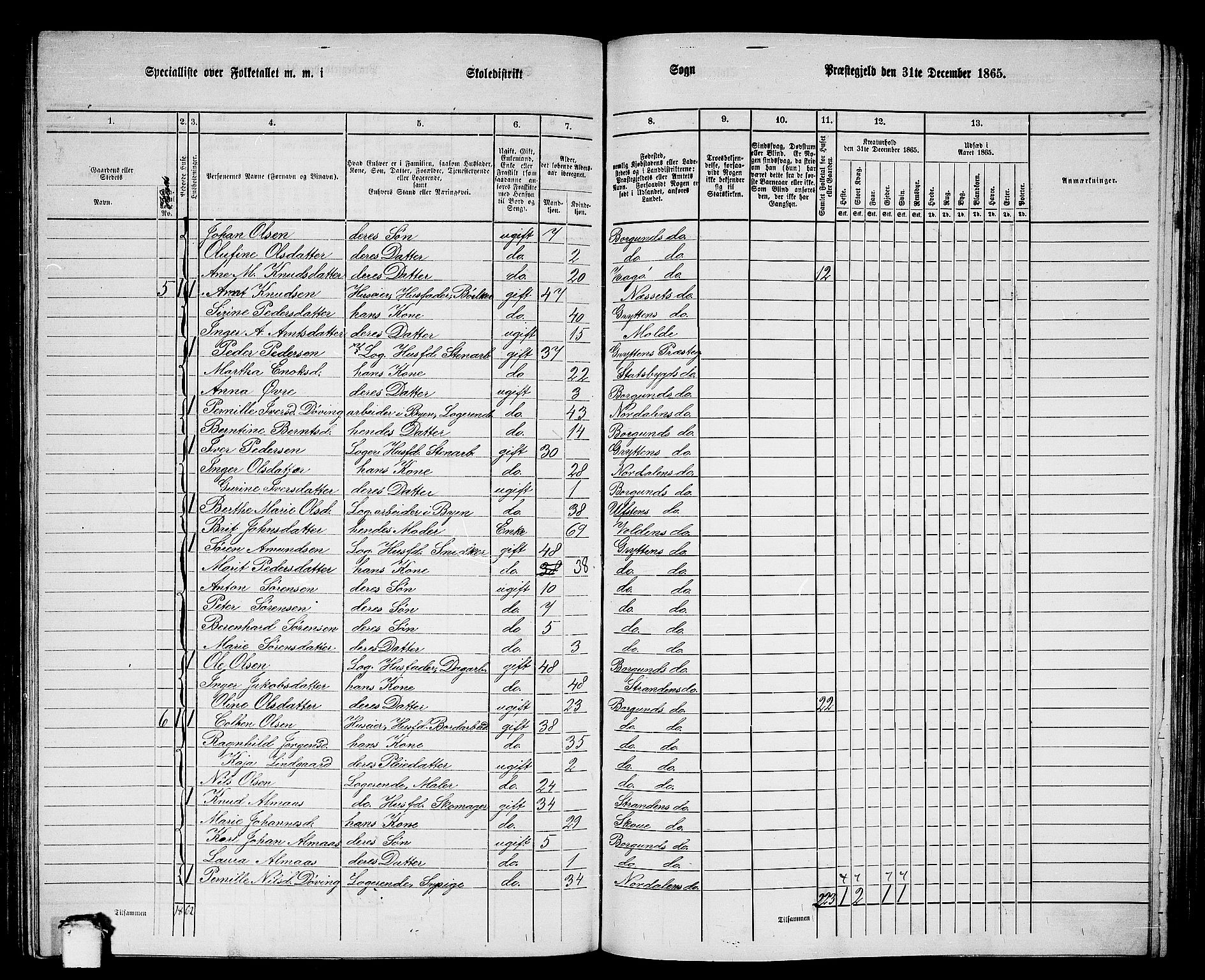 RA, 1865 census for Borgund, 1865, p. 169