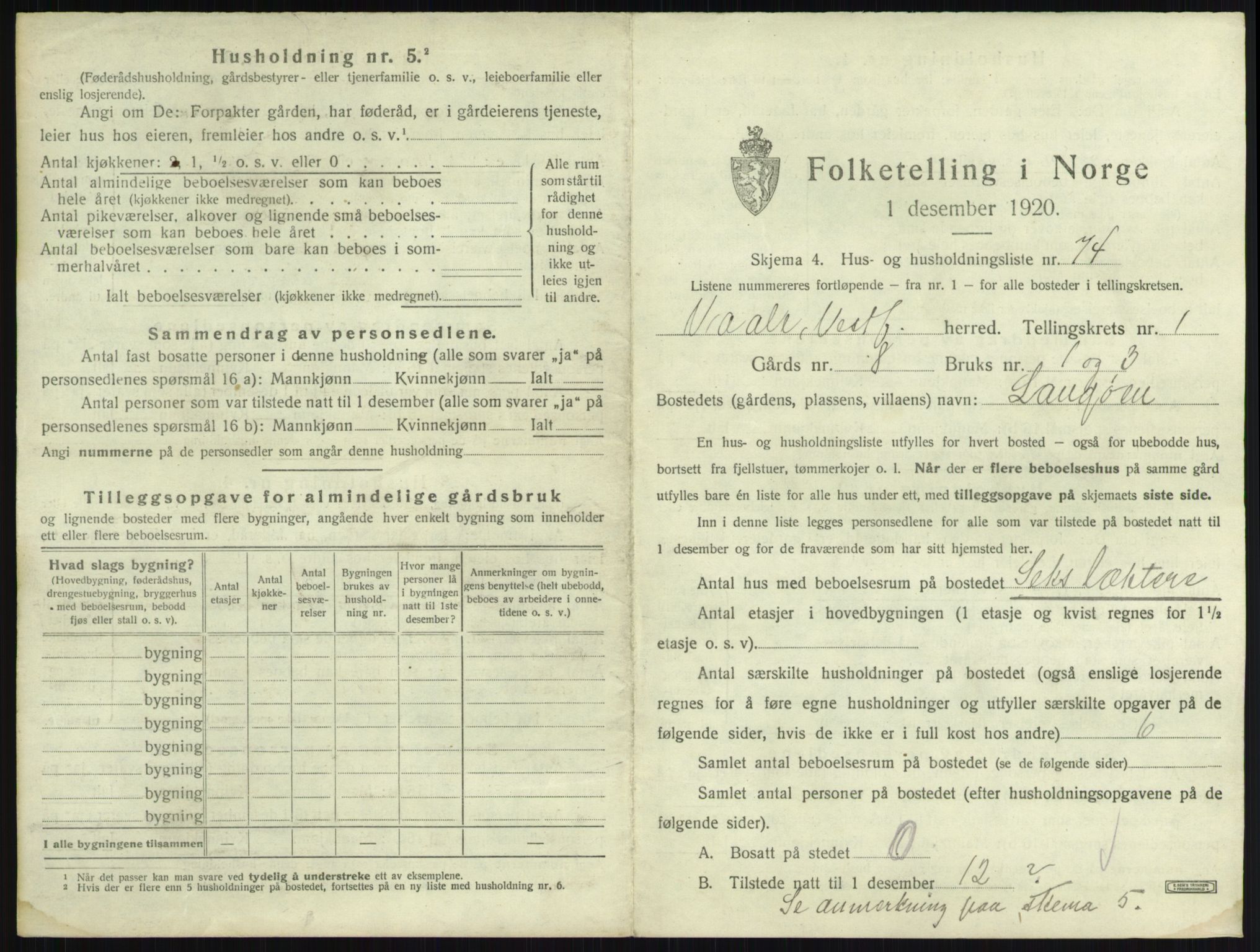 SAKO, 1920 census for Våle, 1920, p. 193