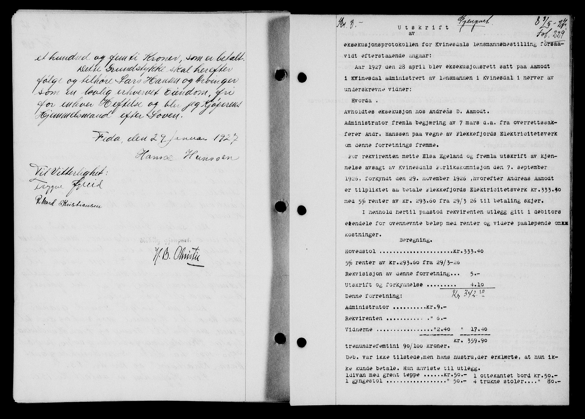 Flekkefjord sorenskriveri, SAK/1221-0001/G/Gb/Gba/L0043: Mortgage book no. 41, 1926-1927, Deed date: 03.05.1927