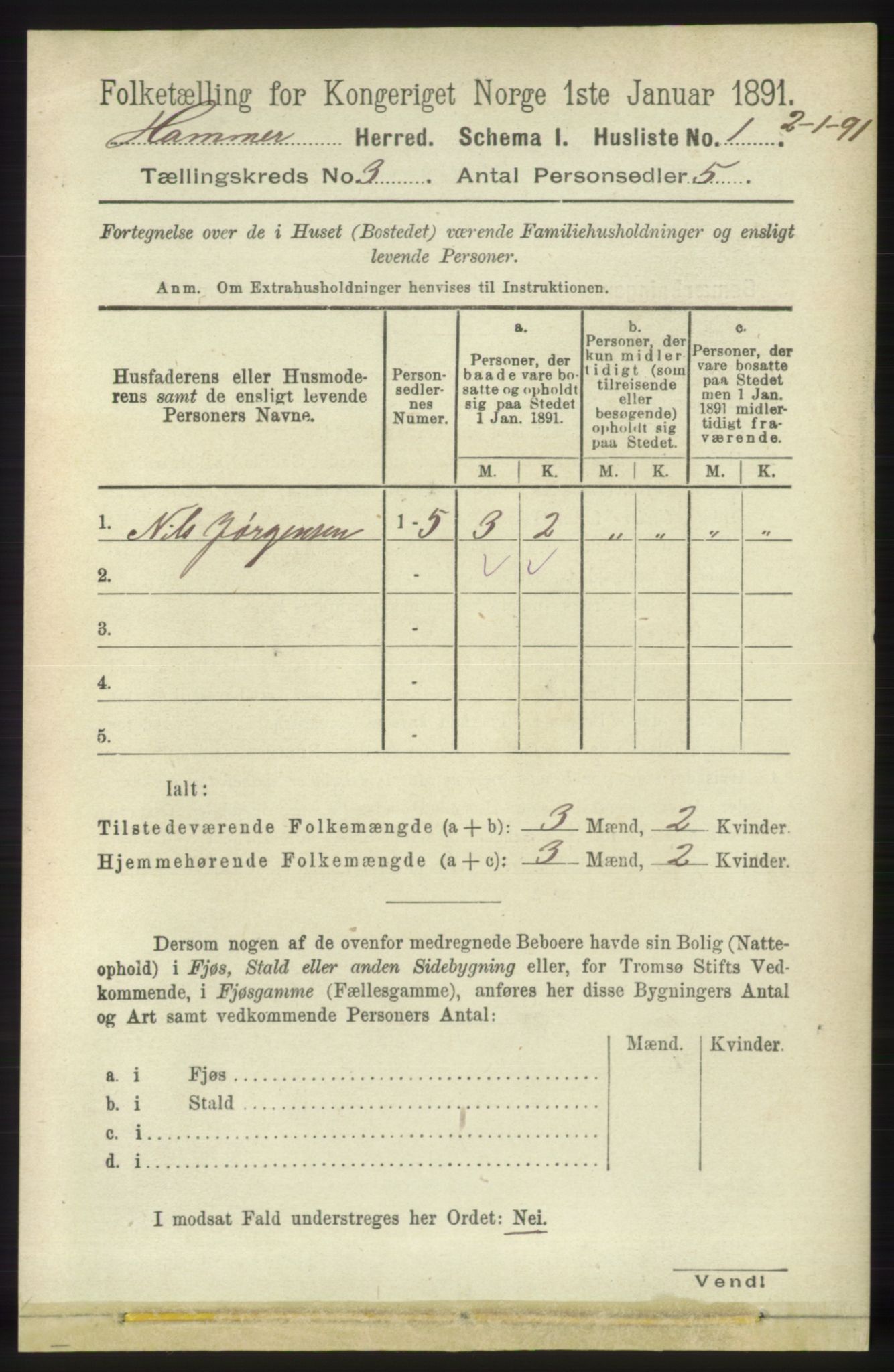 RA, 1891 census for 1254 Hamre, 1891, p. 476